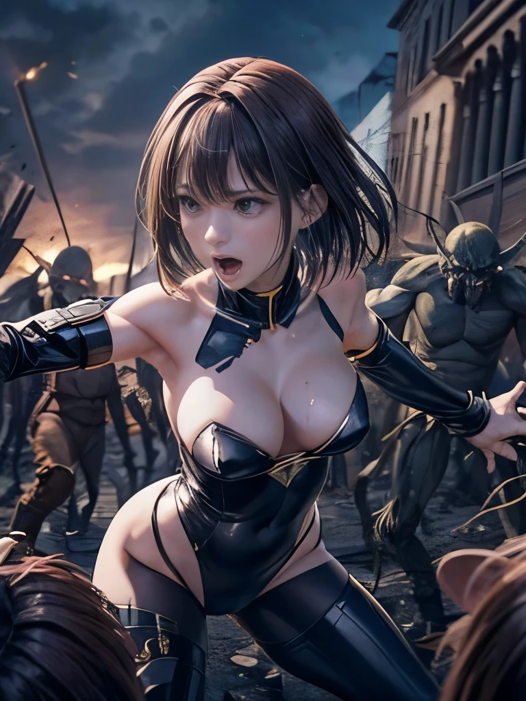 highest quality、Browsing Caution、Constraints、conversion、rape、Battle of Despair、Beautiful woman with short brown hair、Black bodysuit(Tube top、Belly button、High leg、Thigh exposure)、Tears overflow、scream、run away、Attacked by mutants 1:5、Many violent mutants 1:5、Mutant Holding Arm、Mutant attacks from behind、Mutant grabs leg、Mutant Swarm 1:5、A building collapsed in the middle of the night、another world、Dark fantasy、hell
