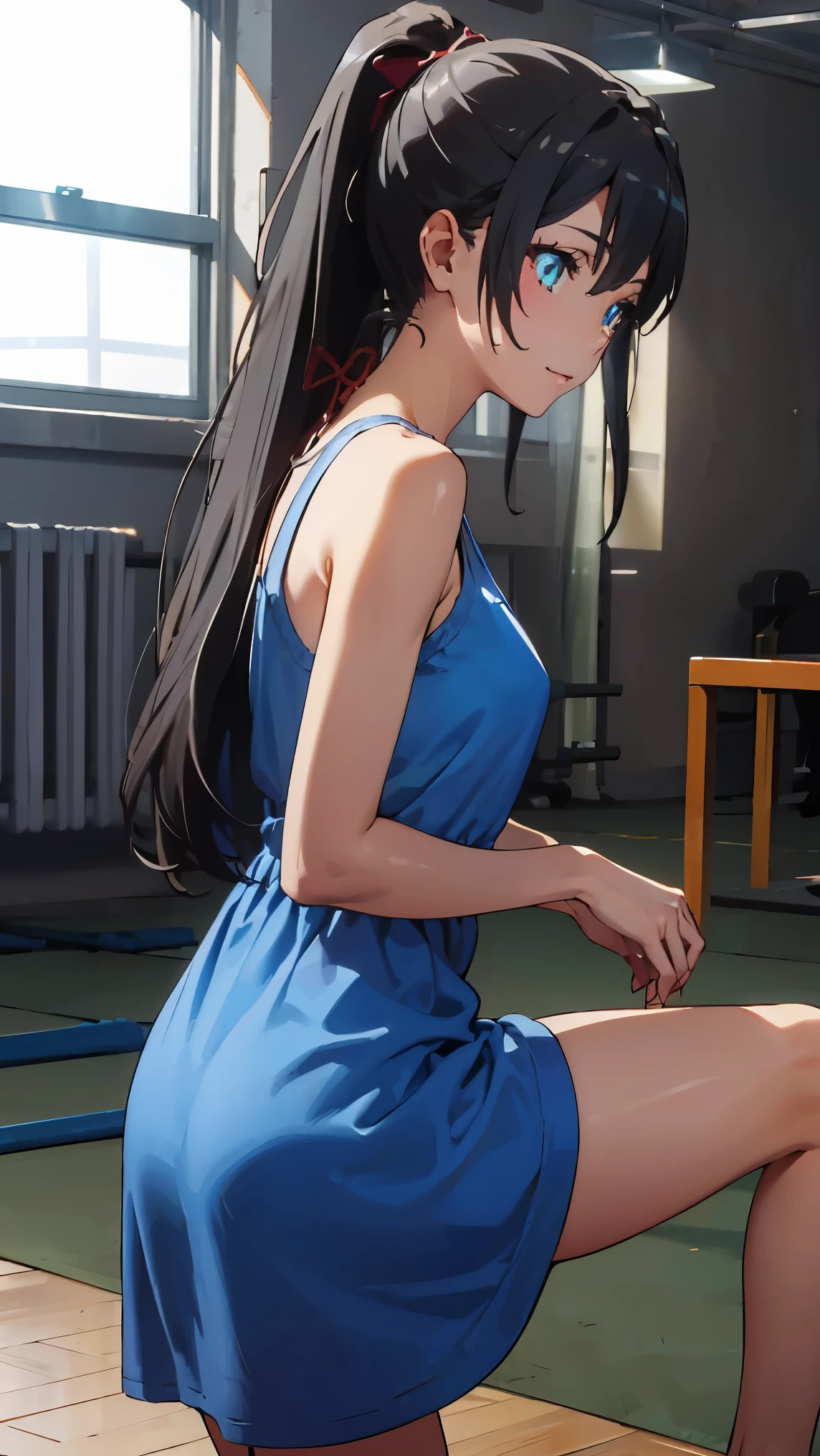 hair_ponytail ribbon,Black hair, eyes blue, long hair, smile , Yukinoshita Yukino,
BREAK (blue dress:1.2)
BREAK from below,Transparent buttocks,Butt crack emphasis,facing back,Pose with one leg slightly bent forward, BREAK background will depict a Fitness training room
BREAK (masterpiece:1.2), best quality, high resolution, unity 8k wallpaper, (illustration:0.8), (beautiful detailed eyes:1.6), extremely detailed face, perfect lighting, extremely detailed CG, (perfect hands, perfect anatomy),
 