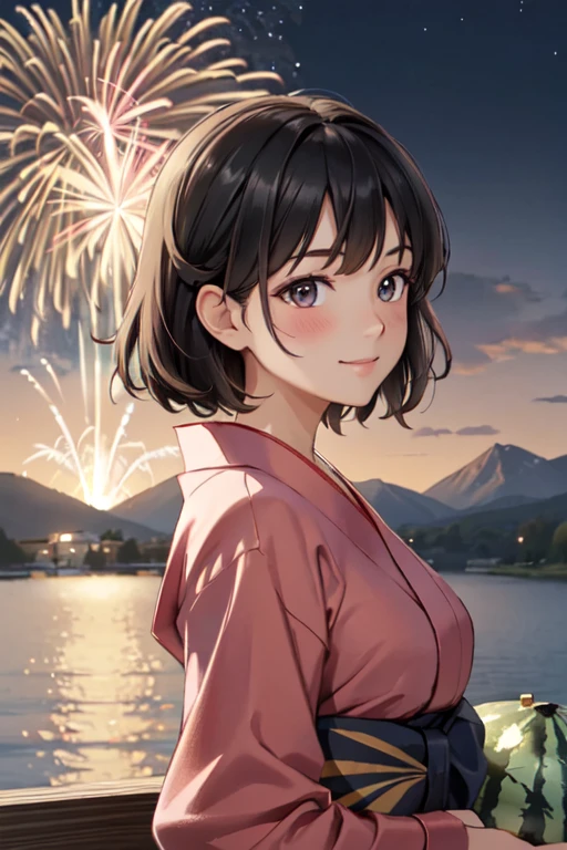masterpiece, best quality, ultra detailed, highres, extremely detailed CG unity 8k wallpaper, perfect lighting, very detailed background, beautiful and aesthetic,sharp focus, perfect face, dynamic pose, dynamic angle,
1girl, upper body, (portrait:1.1), medium hair, black hair, multicolored yukata, kanzashi, looking at viewer, full-face blush, from side, from below, smile,
night, dark sky, misty lake, mountainous horizon, break,aerial fireworks, (Full of sky fireworks:1.1),
break, (Having a watermelon:1.2)