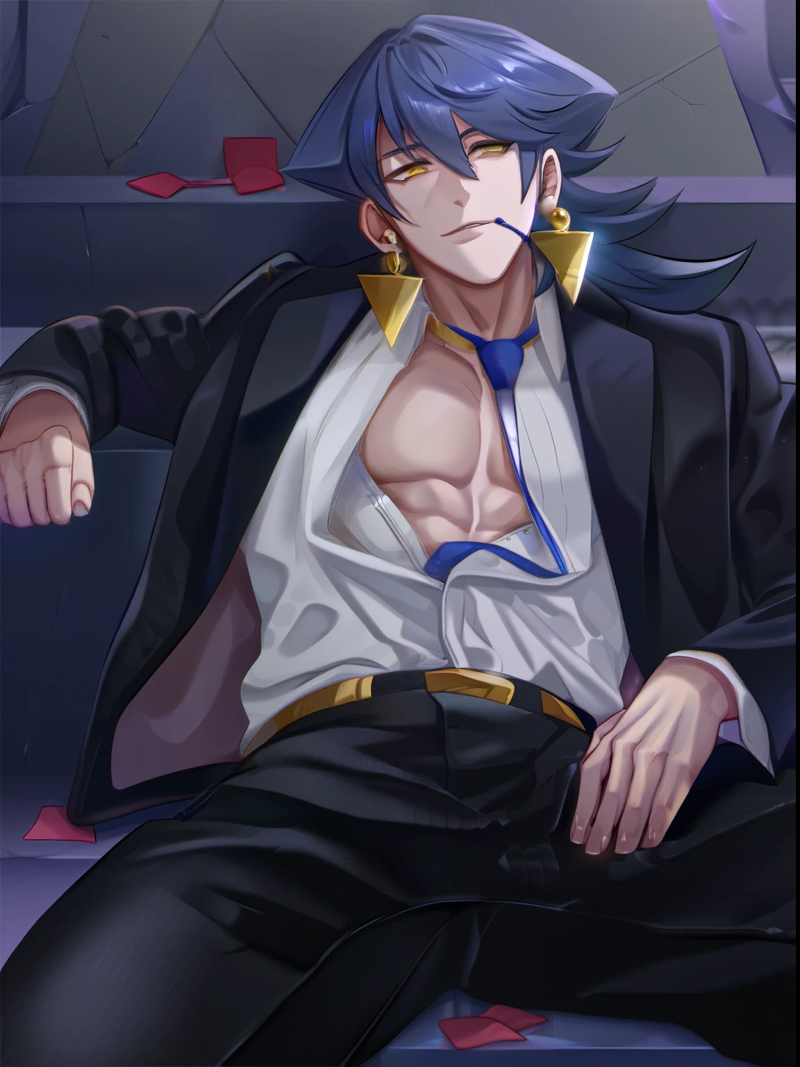 1boy, blue hair, yellow eyes, big earrings, black vest, white shirt revealing chest and abs, blue tie, wear a gold belt,sitting, badboy,human details, background details, photo details, perfect ,male body parts details, details,bar, spread out a few bags of condoms,5 finger details(male), ribbed hands,honest

LORA

Hand

03

Mode

Banc Settings

Linage Quantity

Image Mode

igh Quality

Lenage Size

Advanced Cam

Advanced Repair

Send