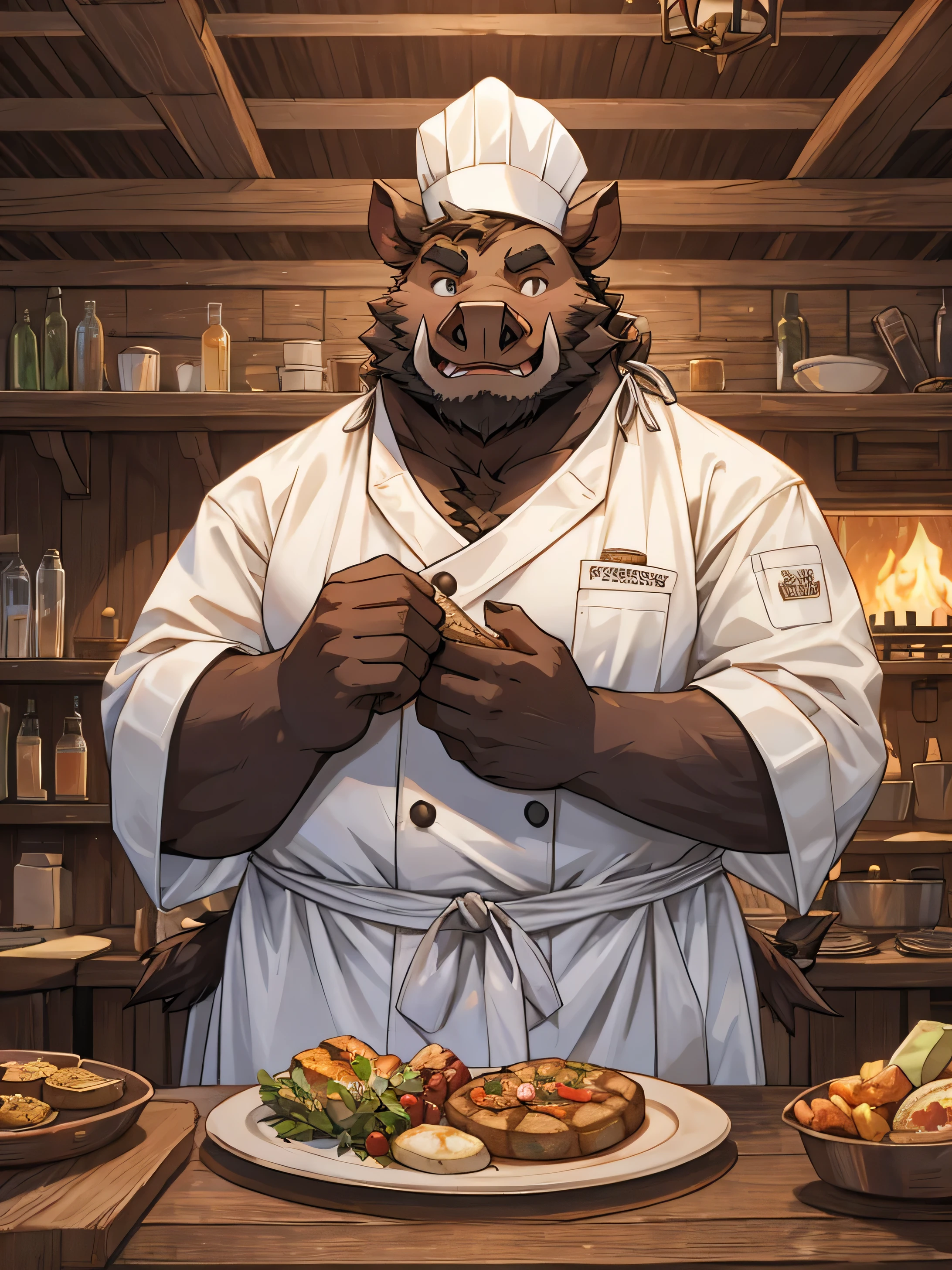 A huge, fat wild boar monster wearing a chef suit., white gown, 1800s atmosphere, a shabby tavern, Wild boar monster face with friendly expression, warm expression, bright expression, white bandana, Facing the front and resting intently pose
