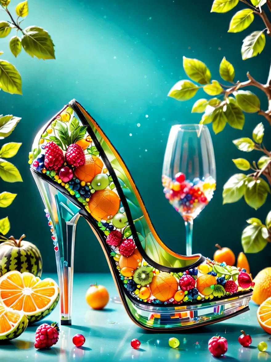 Creative and fashionable high heels，Inspired by fruit，Material: colored acrylic，realism，Super sharp photography，HD Wallpapers，Low Depth of Field Photography，Background bokeh effect