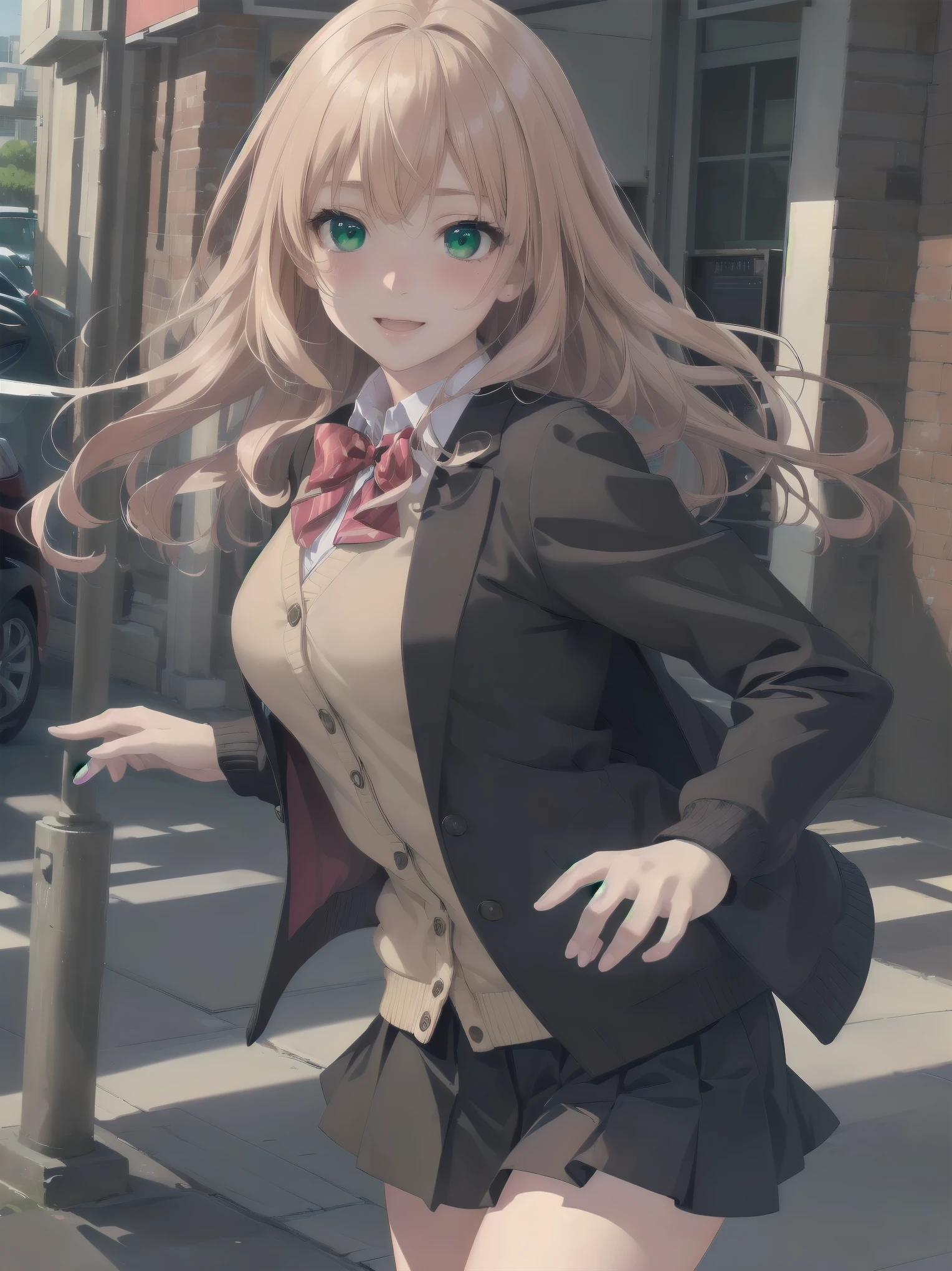 ((Tabletop, highest quality, High resolution, Perfect Pixel, Depth of written boundary, 4K))), One Girl, single, alone, Beautiful Anime Girls, Beautiful art style, Anime characters, ((Long Hair, bangs, Dark brown hair, Curly Hair:0.8)), ((Green Eyes:1.4, Fine grain, Beautiful Eyes, Perfect Eyes,Curled eyelashes, Realistic eyes)), ((Detailed face, Blushing:1.2)), ((Smooth texture:0.75, Realistic texture:0.5, Anime CG Style)), Medium chest, Dynamic Angle, Big Breasts, Perfect body, Dynamic pose, ((Red bow tie, , Black jacket, Open jacket, Brown cardigan, White shirt, Black Skirt, Checked skirt)), smile, Open your mouth, Put your arms behind your back, Leaning forward, Amalment Park