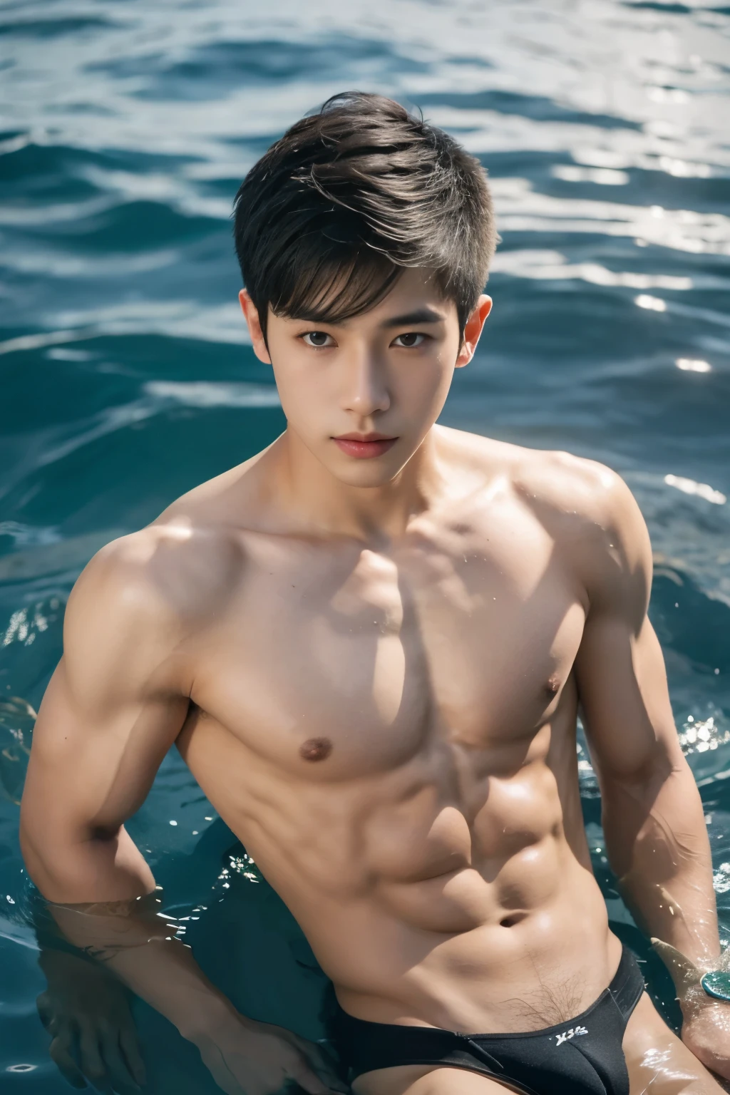 1boy,asian young man, muscular,twink, muscular body, in the water ,