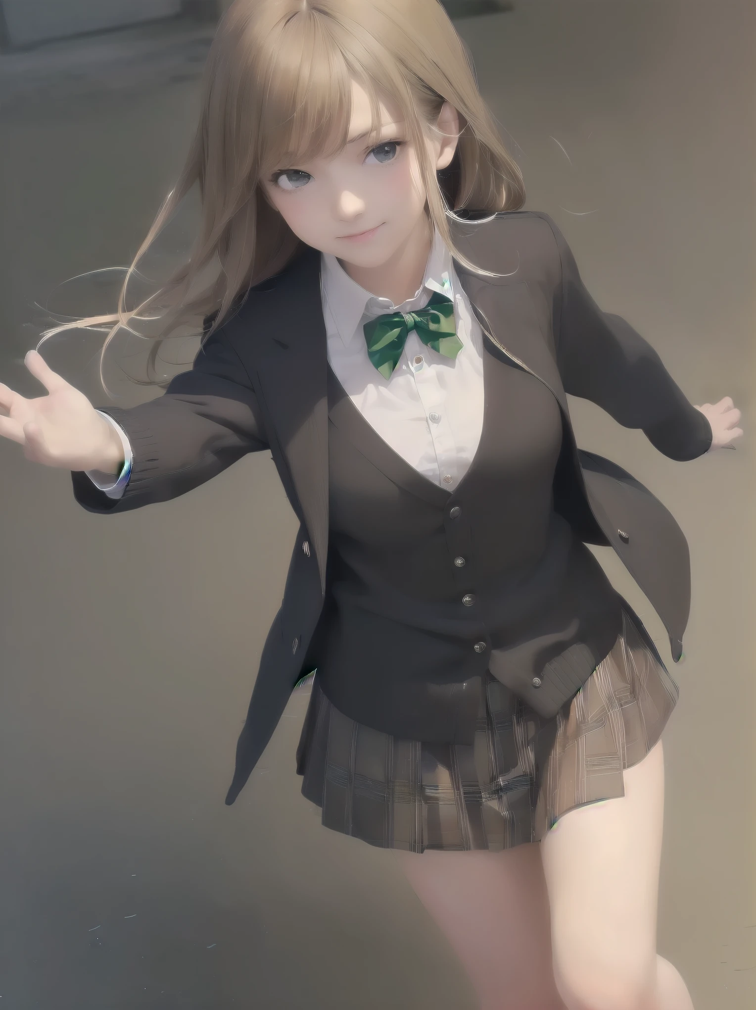 ((Tabletop, highest quality, High resolution, Perfect Pixel, Depth of written boundary, 4K))), One Girl, single, alone, Beautiful Anime Girls, Beautiful art style, Anime characters, ((Long Hair, bangs, Dark brown hair, Curly Hair:0.8)), ((Green Eyes:1.4, Fine grain, Beautiful Eyes, Perfect Eyes,Curled eyelashes, Realistic eyes)), ((Detailed face, Blushing:1.2)), ((Smooth texture:0.75, Realistic texture:0.5, Anime CG Style)), Medium chest, Dynamic Angle, Big Breasts, Perfect body, Dynamic pose, ((Red bow tie, , Black jacket, Open jacket, Brown cardigan, White shirt, Black Skirt, Checked skirt)), smile, Open your mouth, Put your arms behind your back, Leaning forward, Amalment Park