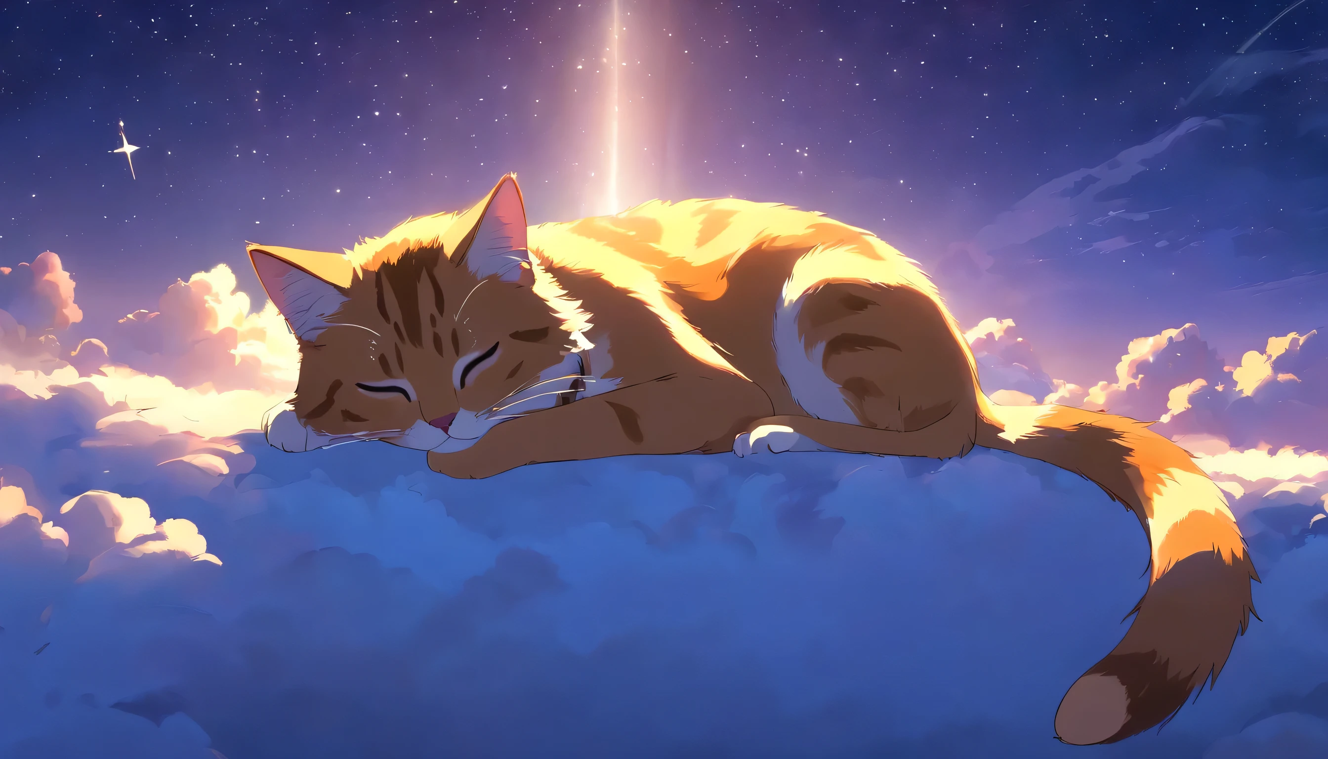 Beautiful and cute cat、Relaxing and sleeping in the clouds、The cat lies down、the tail is curled。elements in dreams, Like a floating bird。Very beautiful night view、Let me experience the world in my dreams。The cat is sleeping happily、The starry sky is shining brightly。