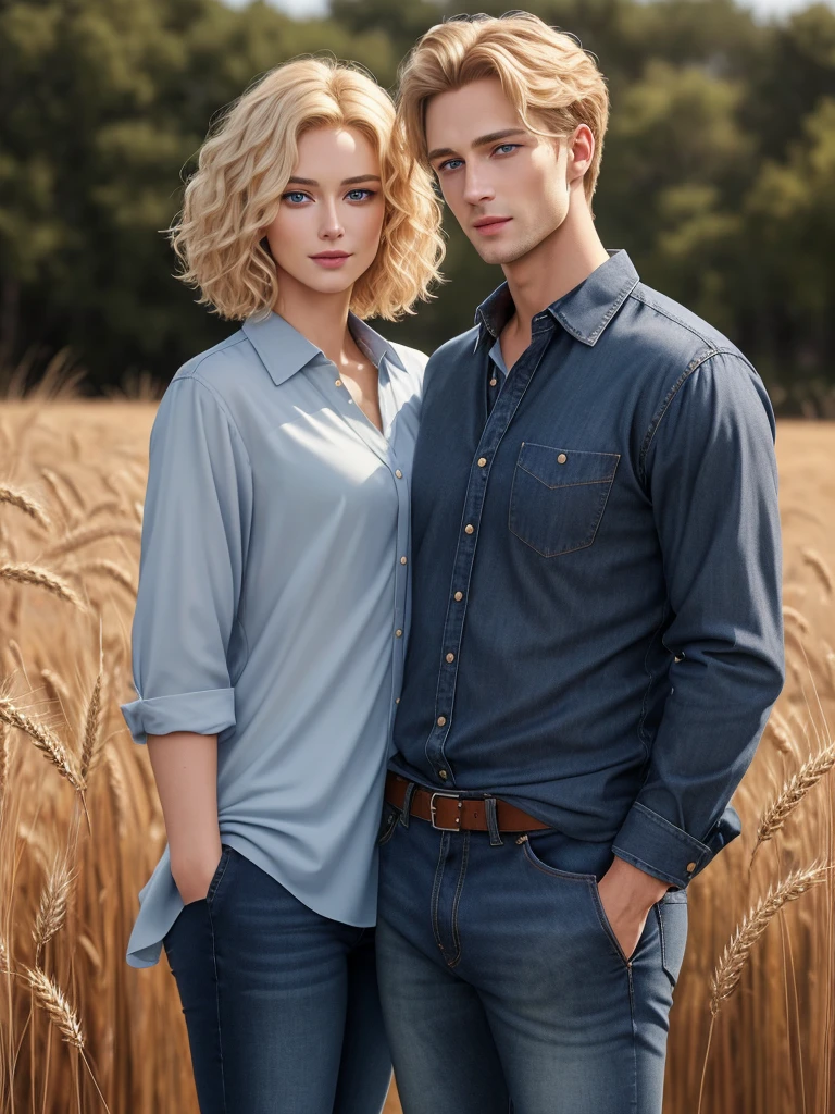 The picture shows a couple (only one man and only one woman). Handsome, tall, courageous, athletic young man, golden-haired blond, with short curly golden hair, bright blue eyes, he is a doctor, he is dressed in medical clothes. He hugs an incredibly beautiful slender young femme fatale blonde with very short wheat hair, gray-blue eyes, she is wearing a chiffon blouse tucked into jeans. detailed drawing of the face, a beautiful face, beautiful facial features. black jeans with a low fit. a full-length shot. hands in the pockets of his trousers. Masterpiece, detailed study of the face, beautiful face, beautiful facial features, perfect image, realistic photos, detailed study of faces, full-length image, 8k, detailed image. an extremely detailed illustration, a real masterpiece of the highest quality, with careful drawing. full-length image.