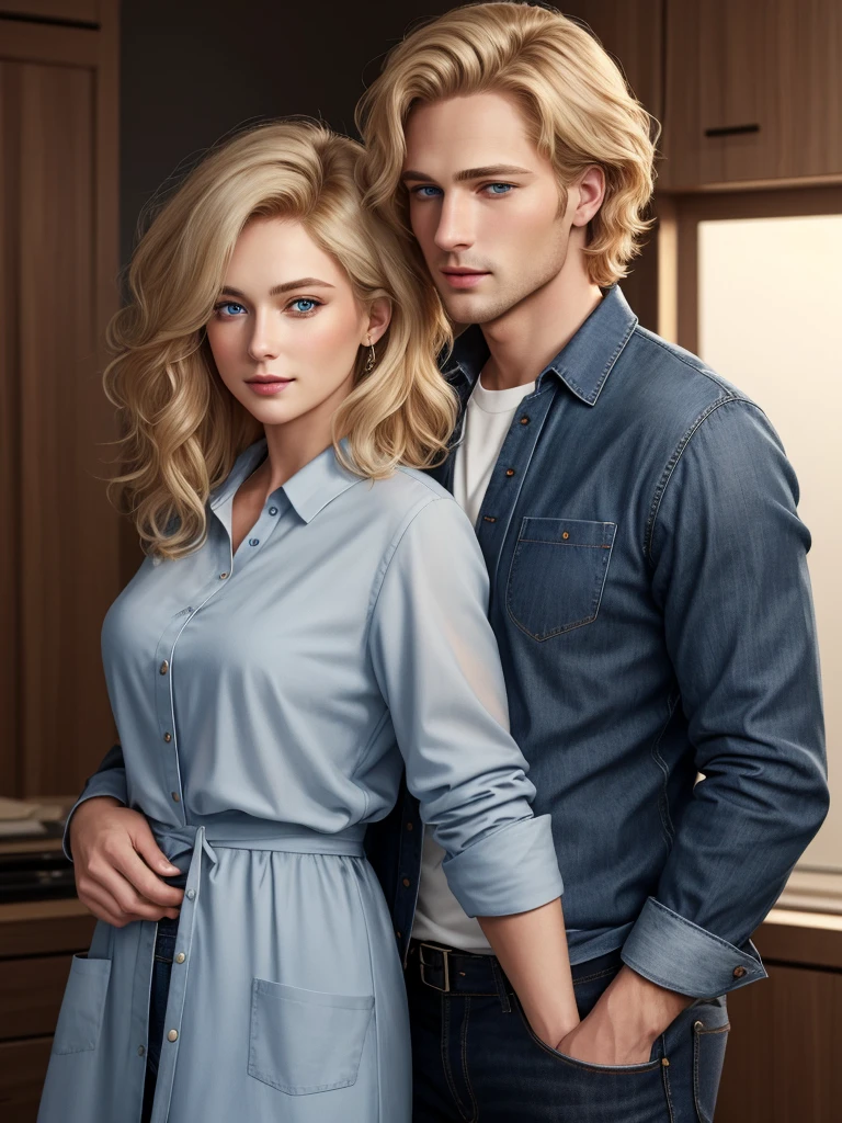 The picture shows a couple (only one man and only one woman). Handsome, tall, courageous, athletic young man, golden-haired blond, with short curly golden hair, bright blue eyes, he is a doctor, he is dressed in medical clothes. He hugs an incredibly beautiful slender young femme fatale blonde with very short wheat hair, gray-blue eyes, she is wearing a chiffon blouse tucked into jeans. detailed drawing of the face, a beautiful face, beautiful facial features. black jeans with a low fit. a full-length shot. hands in the pockets of his trousers. Masterpiece, detailed study of the face, beautiful face, beautiful facial features, perfect image, realistic photos, detailed study of faces, full-length image, 8k, detailed image. an extremely detailed illustration, a real masterpiece of the highest quality, with careful drawing. full-length image.