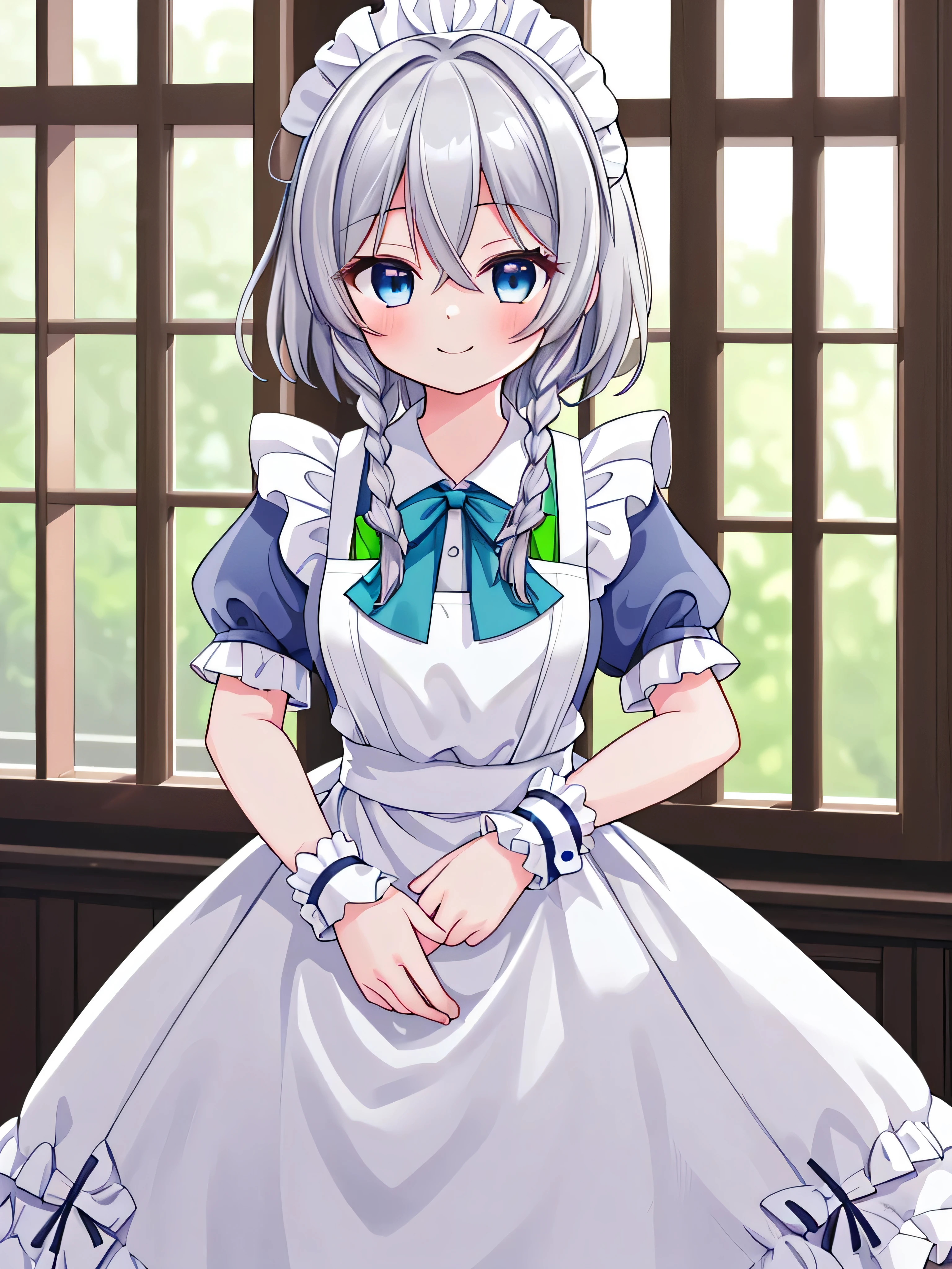 masterpiece, top quality, super detailed, CG illustration, high resolution, better lighting, best shadows, very delicate and beautiful, proper shading, hd, 8k,izayoi sakuya, 1girl, solo, looking at viewer, smile, short hair, bangs, blue eyes, shirt, dress, bow, ribbon, hair between eyes, closed mouth, standing, white shirt, braid, short sleeves, hair bow, grey hair, frills, puffy sleeves, indoors, bowtie, medium hair, blurry, apron, twin braids, puffy short sleeves, wrist cuffs, maid, hands up, maid headdress, window, blue dress, own hands together, waist apron, white apron, interlocked fingers, green bow, maid apron, frilled apron, back bow
