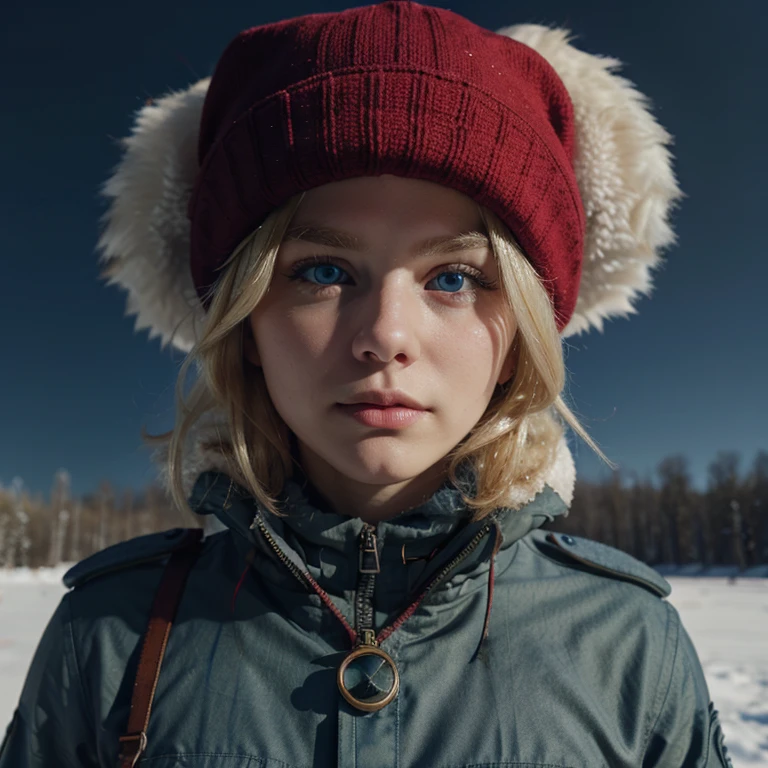 Blue eyes , blonde hair , military outfit with a small red symbol , snowy tundra background , 1male , furry winter hat