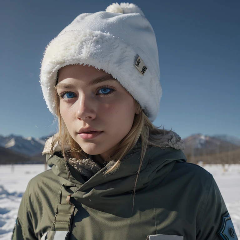 Blue eyes , blonde hair , military outfit with a small red symbol , snowy tundra background , 1male , furry winter hat