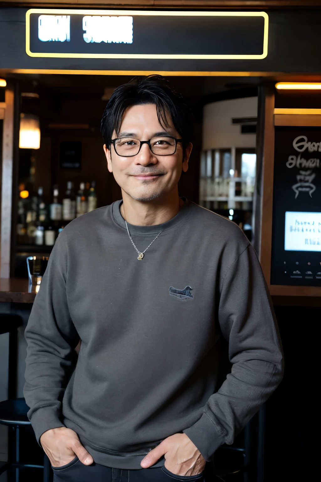 highest quality, masterpiece, Ultra-high resolution,(Realistic:1.4), (RAW Photos:1.2), Black Hair, Stubble, At the bar entrance, half_smile, Fine grain, (View your viewers:1.2), (Dark grey casual clothing), (Casual pants:1.2), (Normal face:1.2), Japanese, Glasses, Adult male, 50 years old,Deep Shadow, Dark Theme,