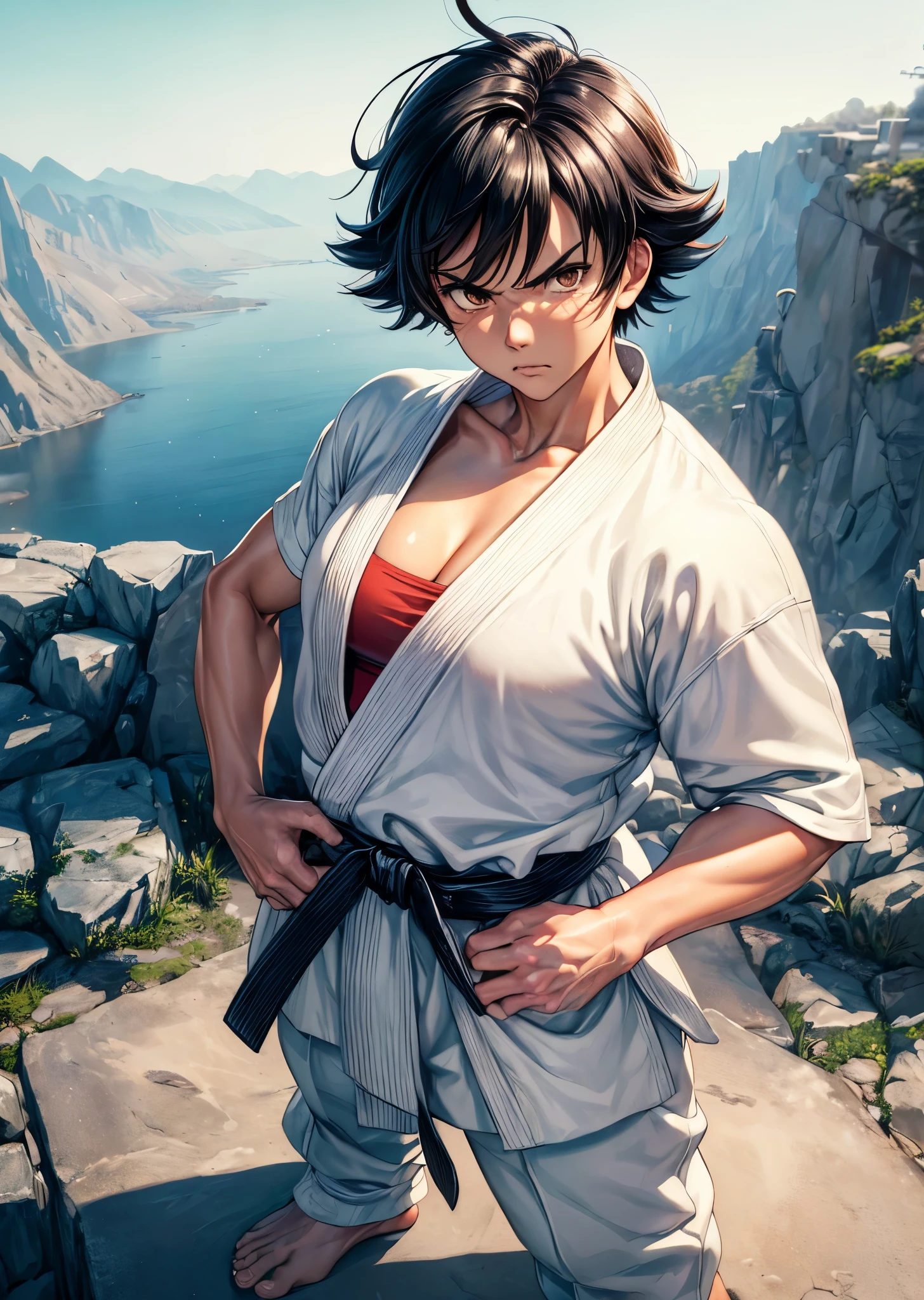 [Makoto], ((masterpiece)), ((HD)), ((high res)), ((solo portrait)), ((waist-up)), ((front view)), ((anime)), ((detailed shading)), ((intricate details)), ((cinematic lighting)), {(gender ambiguous), (short black hair), (brown eyes), (short eyelashes), (defined muscles), (defined legs), (angry expression)}, {(white karate gi), (white wide sleeves), (red sarashi bandages around chest), (white baggy pants)}, {(standing), (martial arts stances), (looking at viewer)}, [Background; (mountain plains), (worn-down karate dojo), (sun rise), (sun rays), (ambient lighting)]