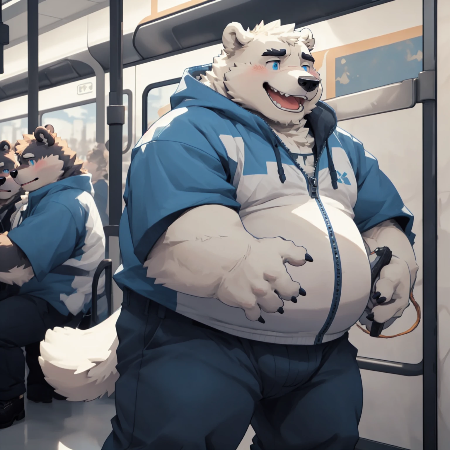 New Jersey 5 Furry，polar bear，portrait,Exquisite， Chubby，Fat，Thick arms，Rugged muscles，White plush fur，Chubby脸，Black eyebrows，Sky blue eyes，Beard，On the subway，Standing，Blue and white zipper clothes，Pants，Drum，embarrassed laughing，blush