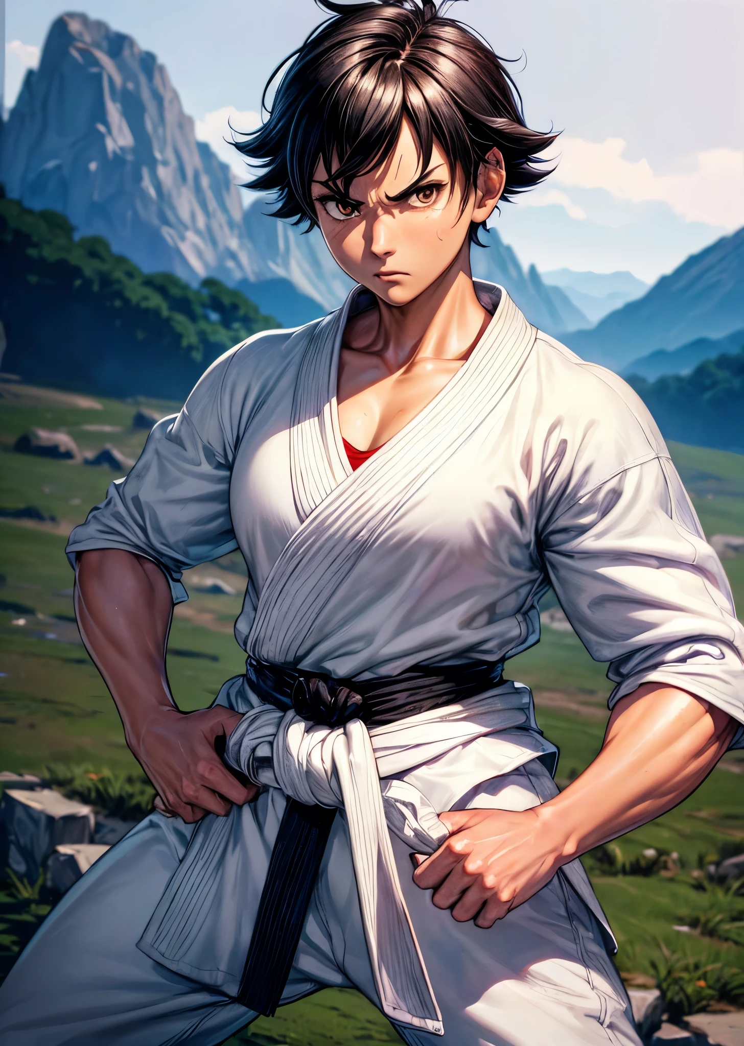 [Makoto], ((masterpiece)), ((HD)), ((high res)), ((solo portrait)), ((waist-up)), ((front view)), ((anime)), ((detailed shading)), ((intricate details)), ((cinematic lighting)), {(gender ambiguous), (short black hair), (brown eyes), (short eyelashes), (defined muscles), (defined legs), (angry expression)}, {(white karate gi), (white wide sleeves), (red sarashi bandages around chest), (white baggy pants)}, {(standing), (martial arts stances), (looking at viewer)}, [Background; (mountain plains), (worn-down karate dojo), (sun rise), (sun rays), (ambient lighting)]