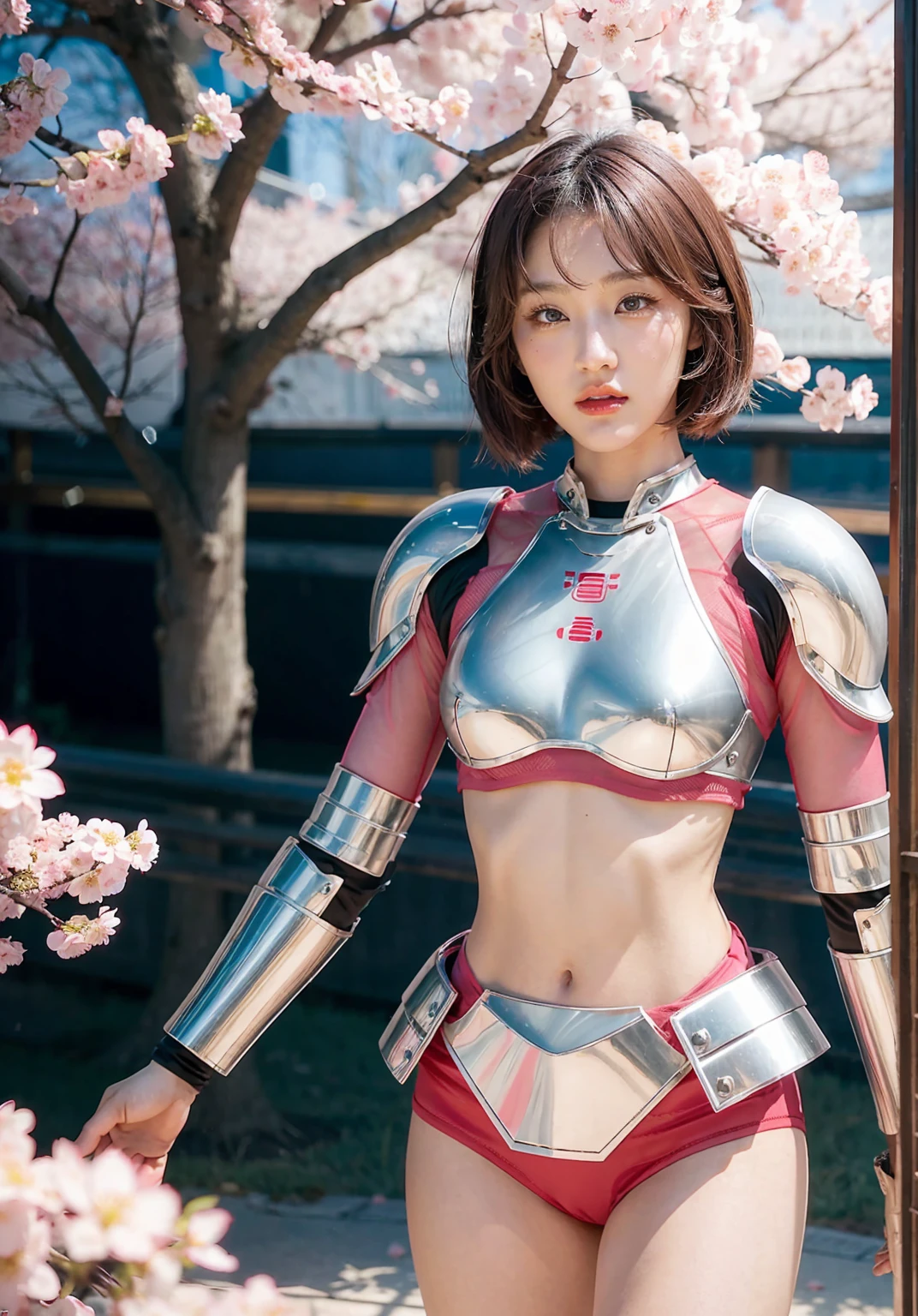 beautiful japanese young woman, wearing cyborg armor, thick symmetrical features, very short hair, background is cherry blossoms, pink aura, red lips, octane render,