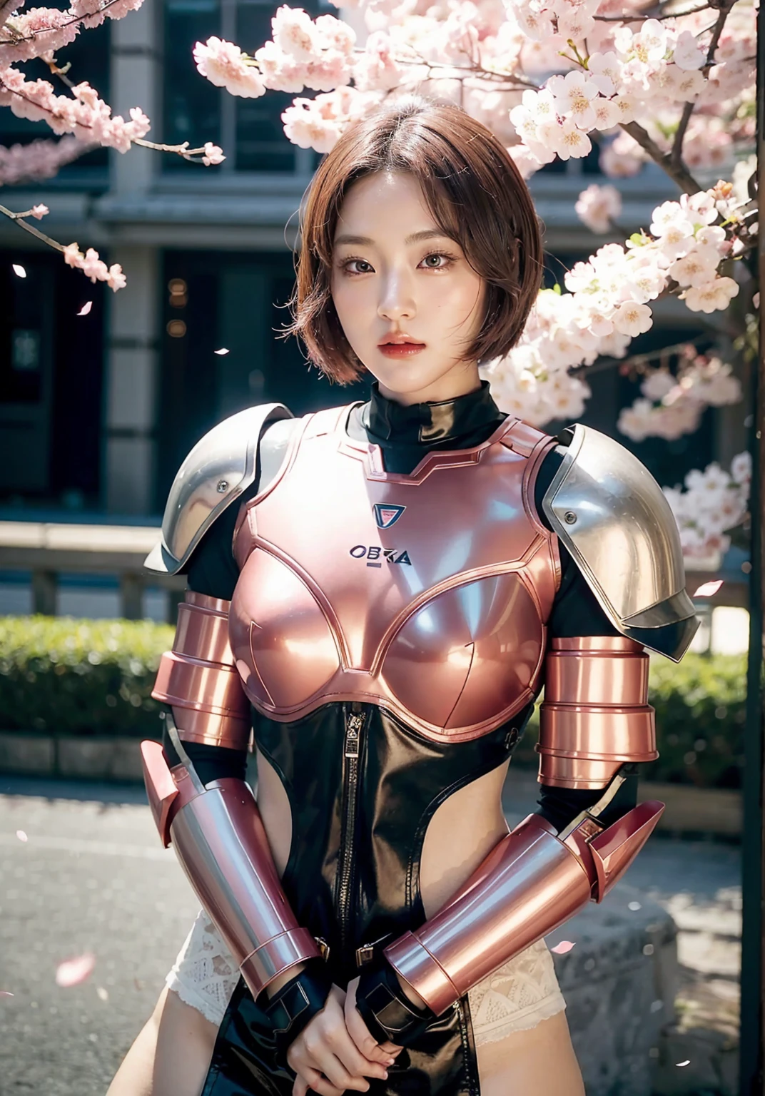 beautiful japanese young woman, wearing cyborg armor, thick symmetrical features, very short hair, background is cherry blossoms, pink aura, red lips, octane render,