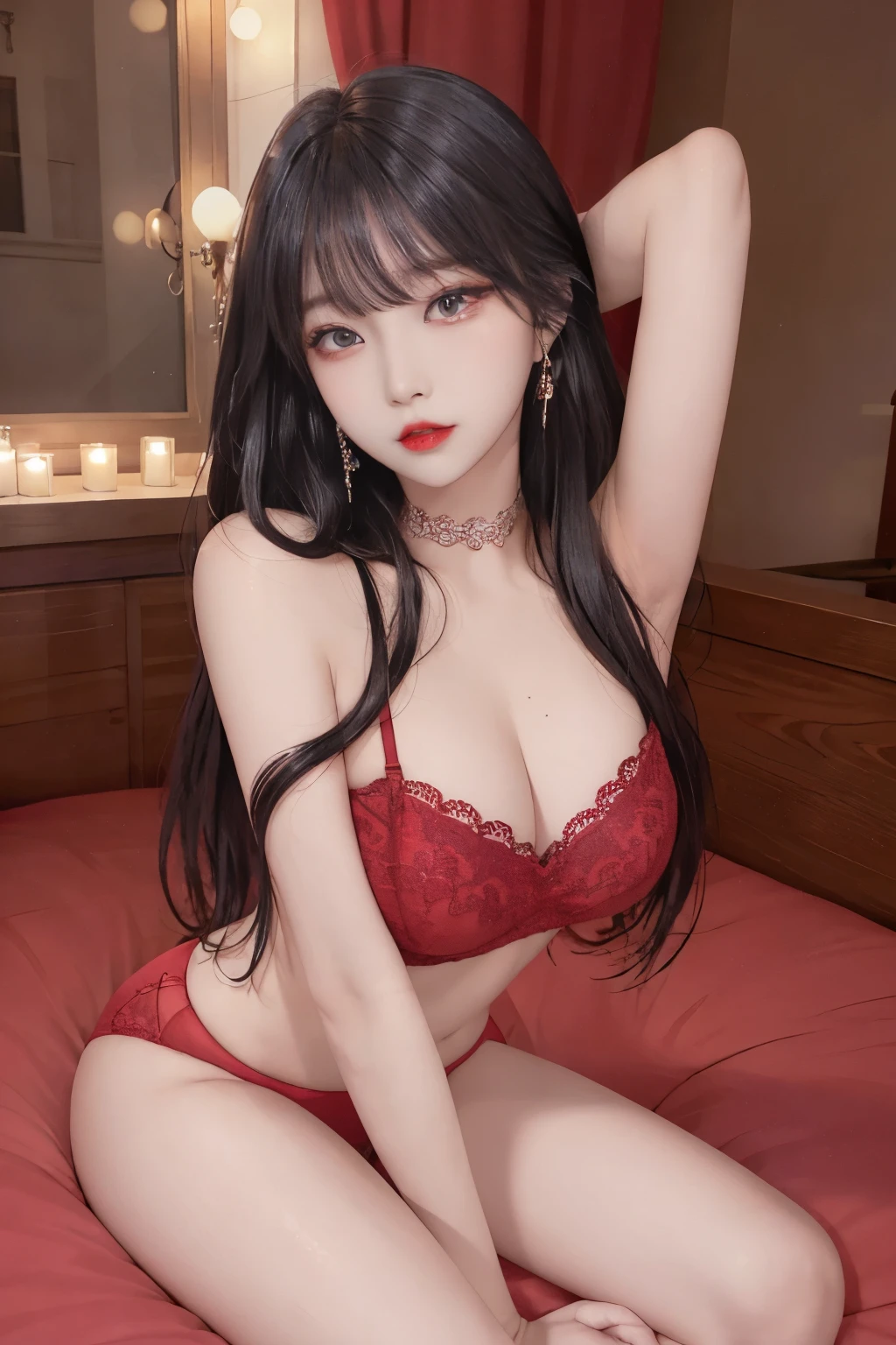 Top image quality、Raw photography、A high resolution、20-year-old cool Korean、big round chest、sexy red lace underwear、Beautiful Eyes of Details、very elongated eyes、Beautiful eyelashes、Beautiful double eyelids、eyeshadows、long legs,medium thighs, beautiful eyes finely detailed、elongated eyes、long eyeslashes、Beautiful double eyelids、eyeshadows、earrings、shiny skin、 1 girl, solo, sexy pose,
