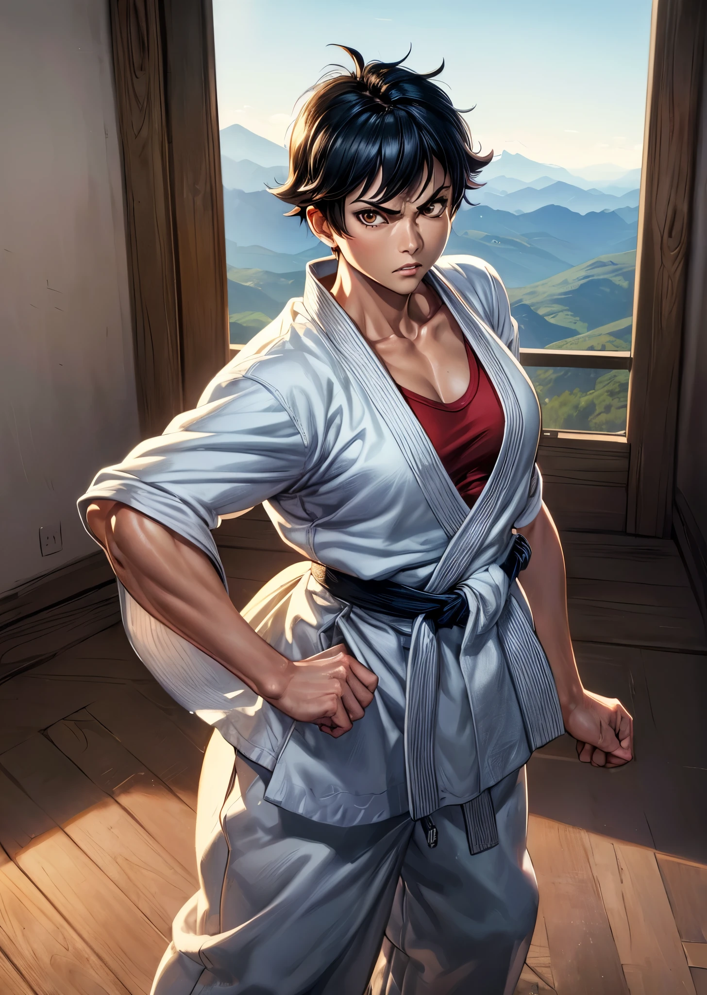 [Makoto], ((masterpiece)), ((HD)), ((high res)), ((solo portrait)), ((waist-up)), ((front view)), ((anime)), ((detailed shading)), ((intricate details)), ((cinematic lighting)), {(gender ambiguous), (short black hair), (brown eyes), (short eyelashes), (defined muscles), (defined legs), (angry expression)}, {(white karate gi), (white wide sleeves), (red sarashi bandages around chest), (white baggy pants)}, {(standing), (martial arts stances), (looking at viewer)}, [Background; (mountain plains), (worn-down karate dojo), (sun rise), (sun rays), (ambient lighting)]