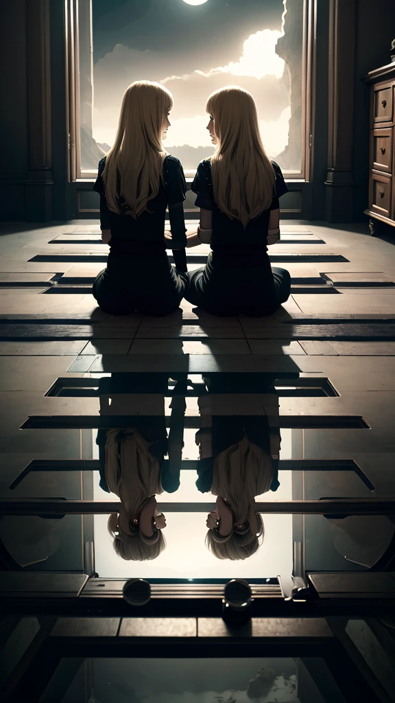 Twin sisters sitting on the floor, dark fantasy, thriller, room, magical things, holding hands, dark clothes, Blonde hair, casual wear, Twilight, Moonlight