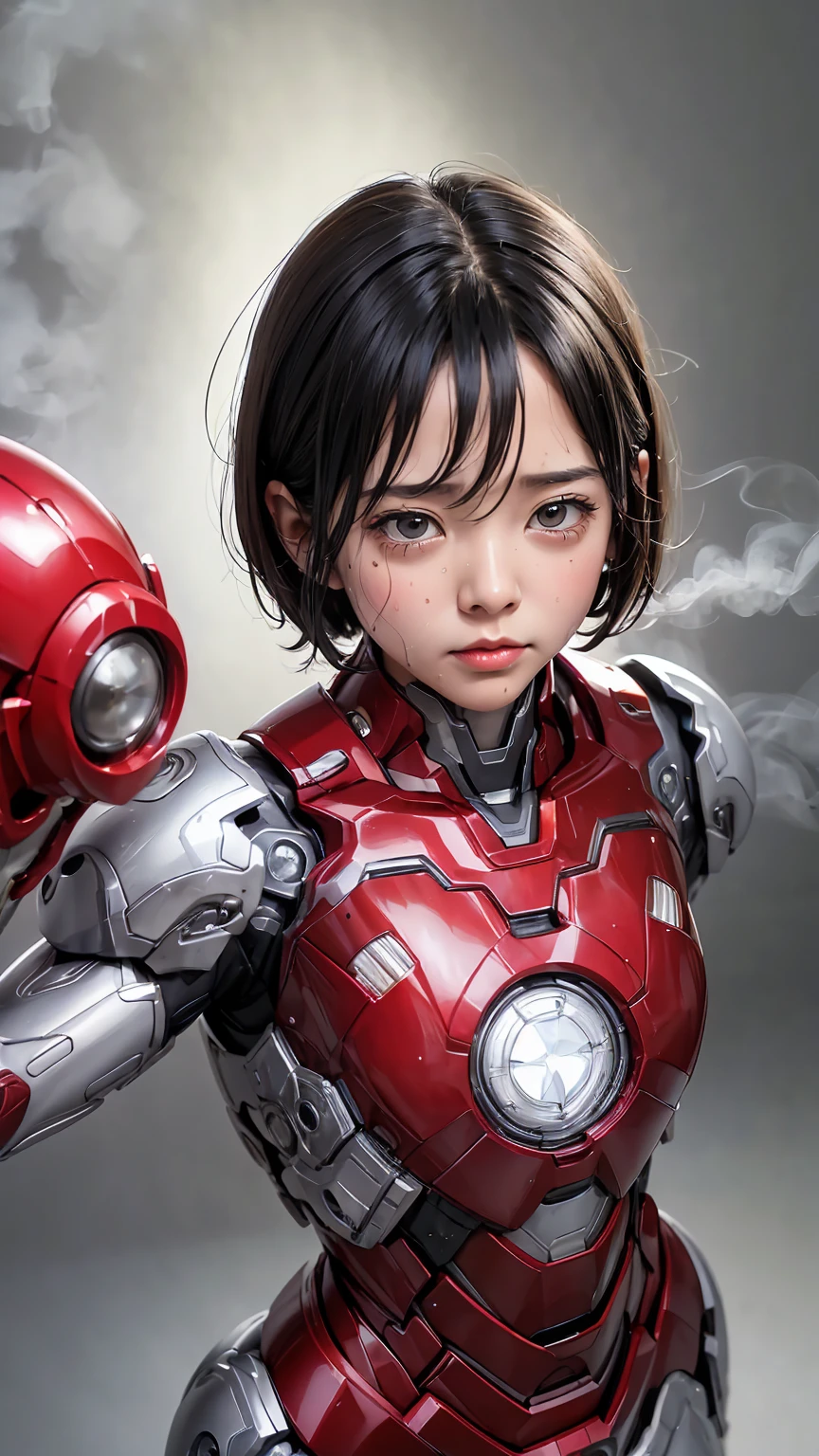 highest quality　8k Iron Man Suit Girl　Kindergarten Girls　Sweaty face　cute　short hair　boyish　Steam coming out of the head　My hair is wet with sweat　Black hair feeling　Full body portrait　My upper body is soaked　close your eyes　Vagina exposed　No skin showing　in surgery