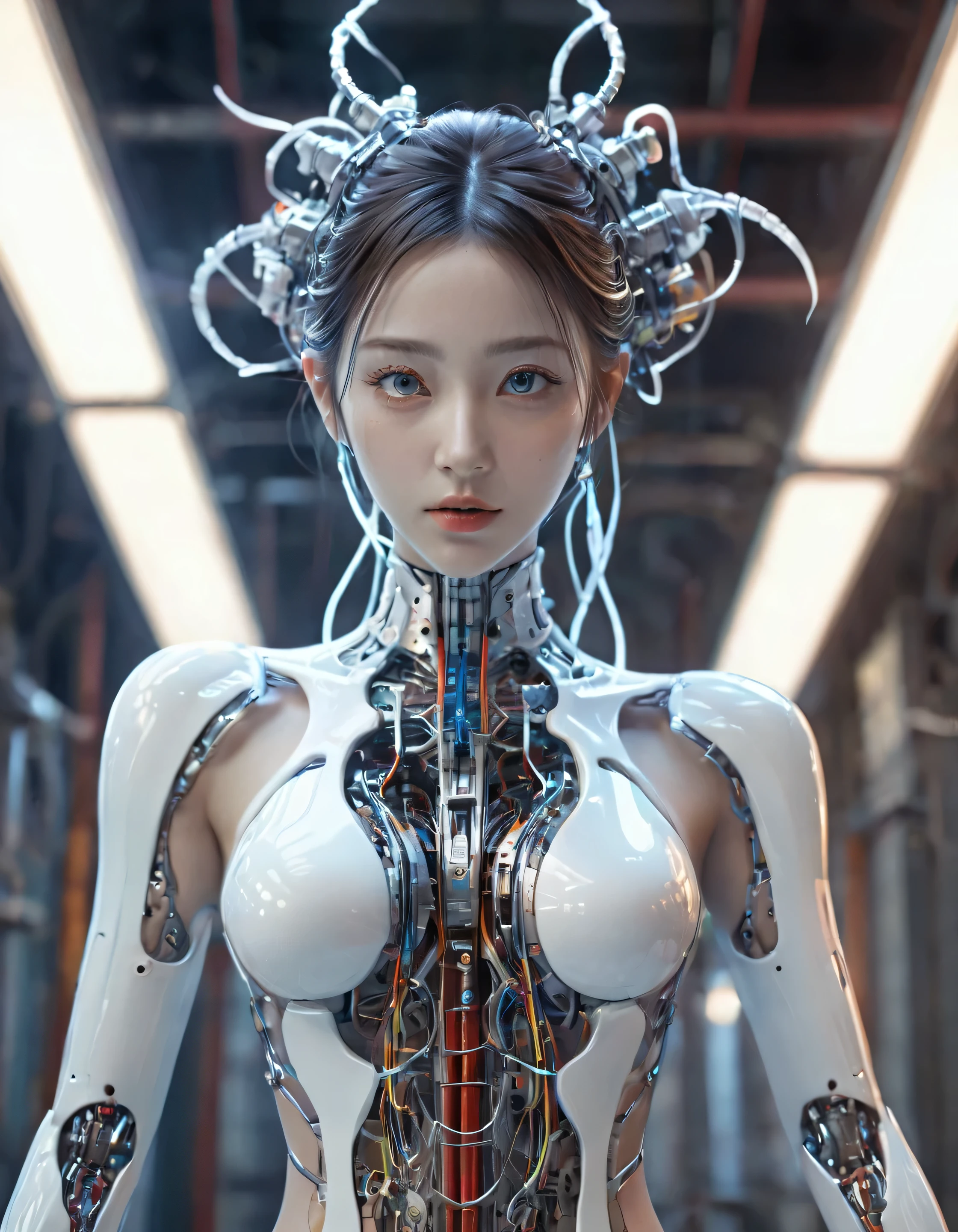 1mechanical girl,((ultra realistic details)), portrait, global illumination, shadows, octane render, 8k, ultra sharp,metal,intricate, ornaments detailed, cold colors, egypician detail, highly intricate details, realistic light, trending on cgsociety, glowing eyes, facing camera, neon details, machanical limbs,blood vessels connected to tubes,mechanical vertebra attaching to back,mechanical cervial attaching to neck,sitting,wires and cables connecting to head