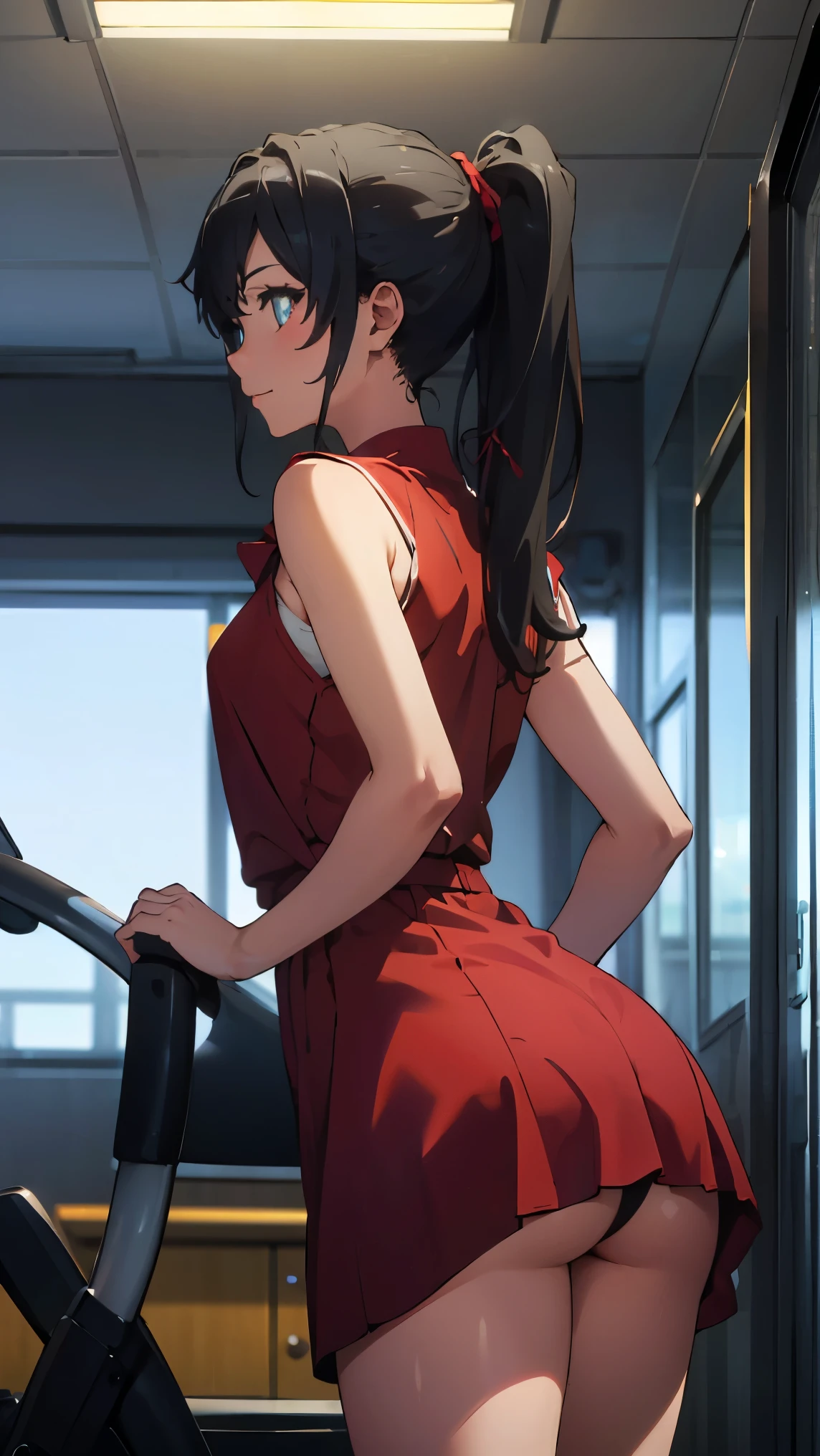 hair_ponytail ribbon,Black hair, eyes blue, long hair, smile , Yukinoshita Yukino,
BREAK (red dress with a red cape:1.2)
BREAK from below,Transparent buttocks,Butt crack emphasis,facing back,Pose with one leg slightly bent forward, BREAK background will depict a Fitness training room
BREAK (masterpiece:1.2), best quality, high resolution, unity 8k wallpaper, (illustration:0.8), (beautiful detailed eyes:1.6), extremely detailed face, perfect lighting, extremely detailed CG, (perfect hands, perfect anatomy),
 