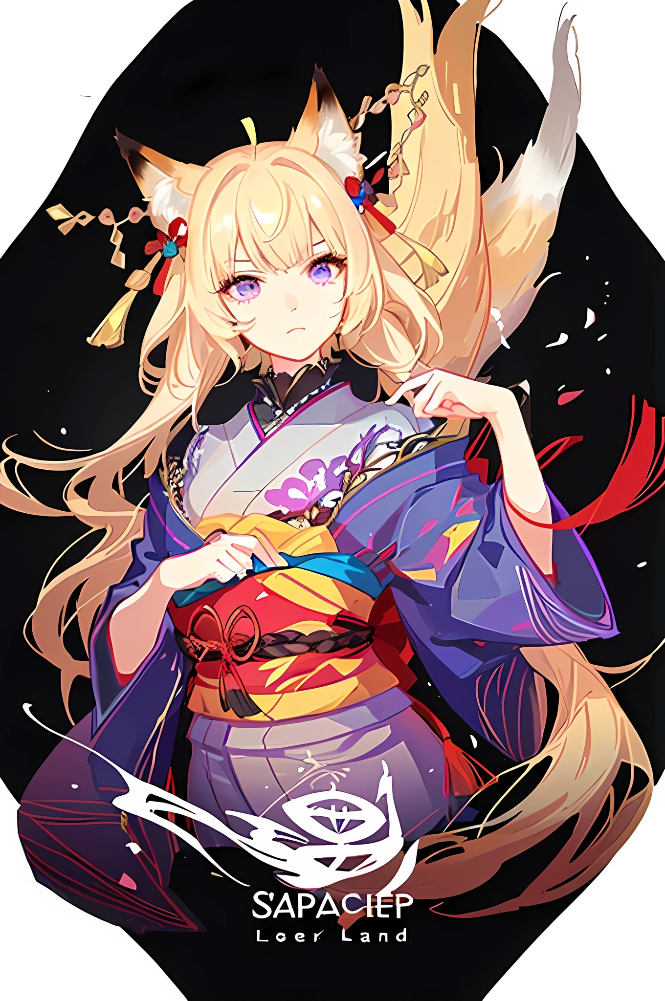 ((genshin impact character)), 1girl, solo, purple eyes, blonde hair, looking at viewer, long hair, upper body, hair ornament, black gloves, white with red patterned kimono, shirt, fox ornament, bangs, blonde hair, closed mouth, star \(symbol\), collared shirt, fox tail, walking in the woods