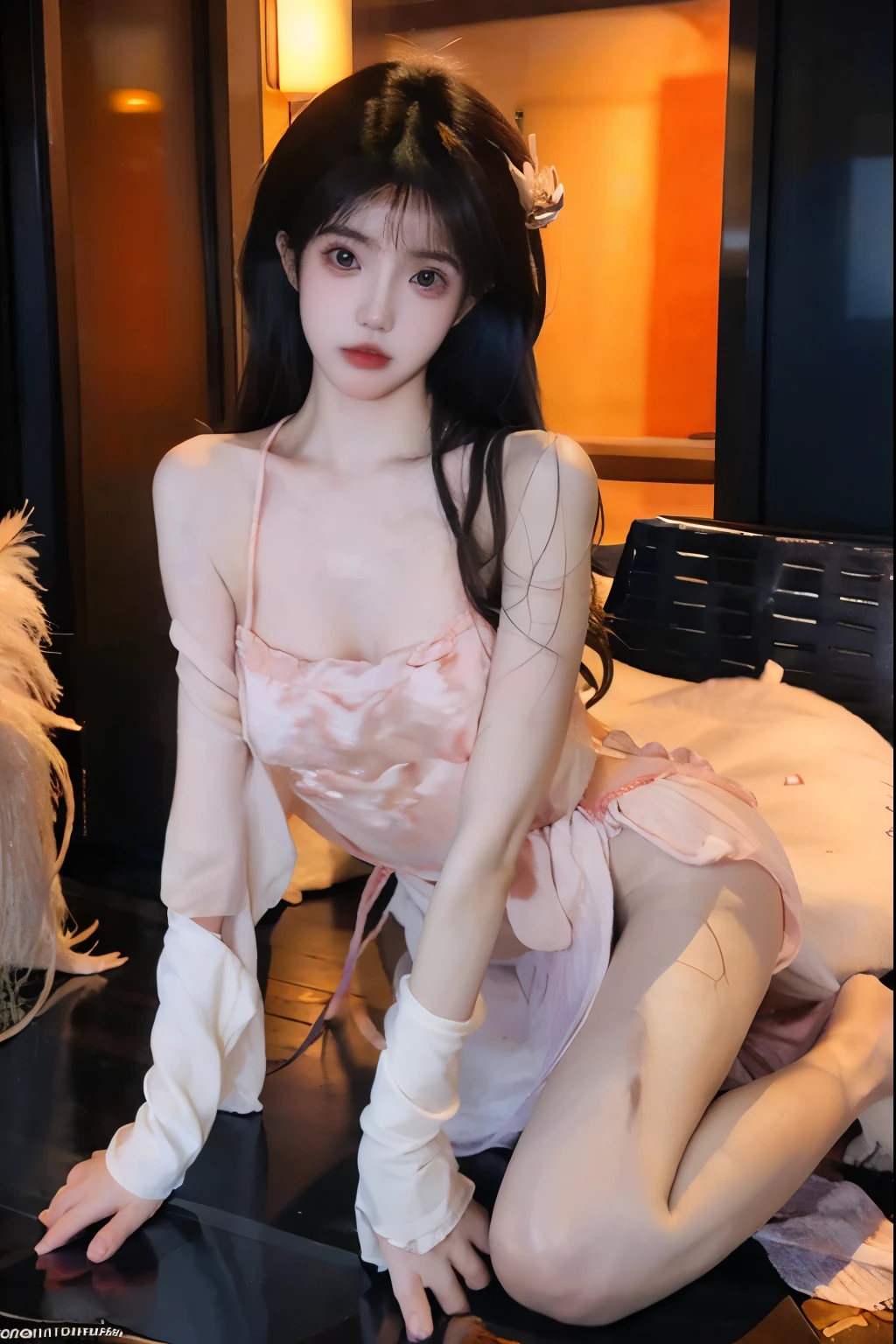 Beautiful woman with perfect body:1.4,Layered Hairstyle,Prominent cleavage,Highly detailed face and skin textures,Double eyelids,Skin Whitening,Long hair,Whitened long legs