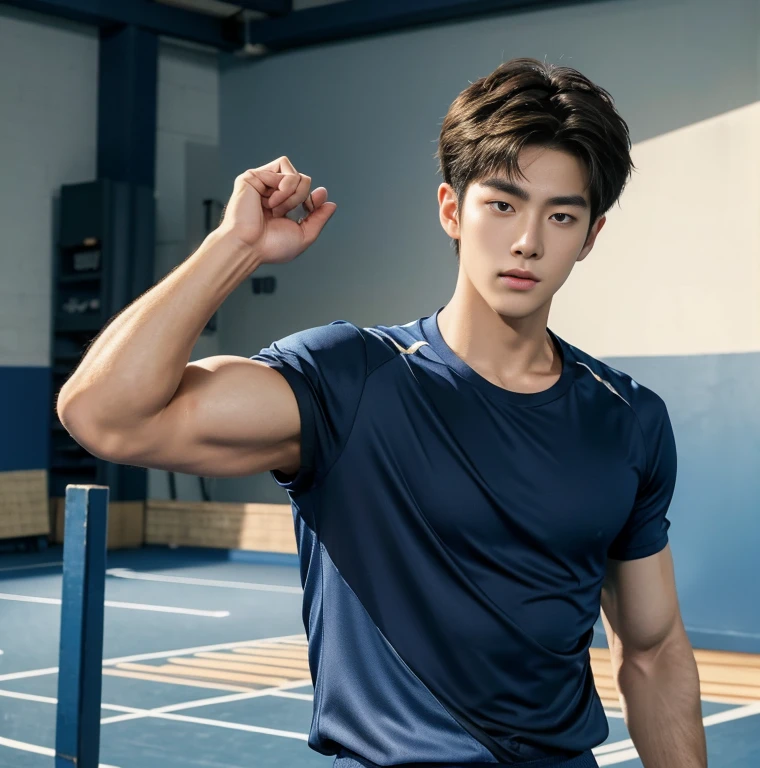 1 handsome Japanese guy, manly,20years old,Who is Shi Yu?, Li Yuanbin, Kim Hyung Tae, Kim Hyung Tae,,Kim Hyung Tae, Yin Shishan, man wearing a blue shirt and shorts, naked chest, big chest abs, navy blue, navy blue, Sports T-shirt, blue, sportswear, Gorgeous dark blue clothes,, short sleeves, Gold brocade dark blue clothes, Tennis wear, Wearing skiny sportswear, big bulge, Dark blue decorative clothing,male,male,High,Muscles look good,hairy body,Wheat complexion,black eyes(thin eyes 1:3),whole body image