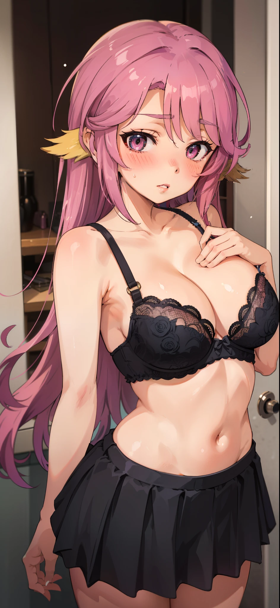 Jibril, (standing straight), blushed, perfect anatomy, detailed eyes, detailed lips, extremely detailed eyes and face, vivid colors, sharp focus, masterpiece:1.2, ultra-detailed, blushed, ((doggystyle)), (solo), sleeveless, ((bra, skirt, random clothes,navel)).