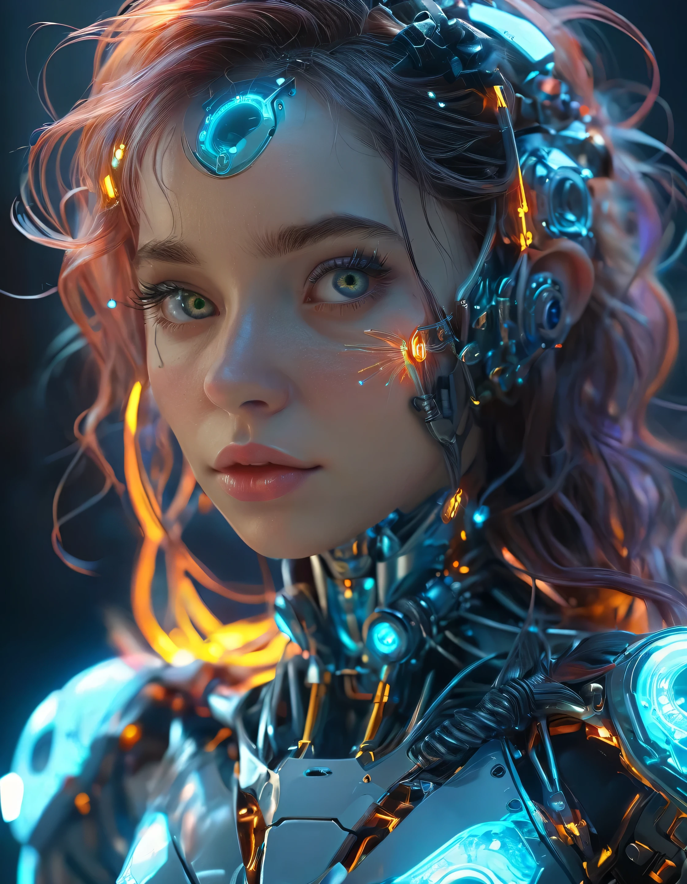 1mechanical girl,((ultra realistic details)), portrait, global illumination, shadows, octane render, 8k, ultra sharp,metal,intricate, ornaments detailed, cold colors, egypician detail, highly intricate details, realistic light, trending on cgsociety, glowing eyes, facing camera, neon details, machanical limbs,blood vessels connected to tubes,mechanical vertebra attaching to back,mechanical cervial attaching to neck,sitting,wires and cables connecting to head