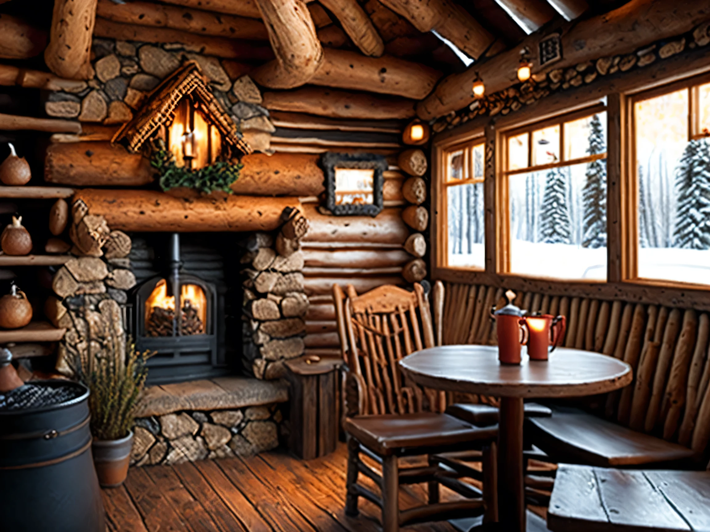 Log cabin coffee shop, cozy.