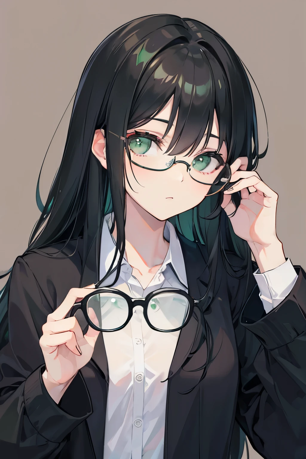 green eyes, wear glasses. medium long black hair. in , round black glasses