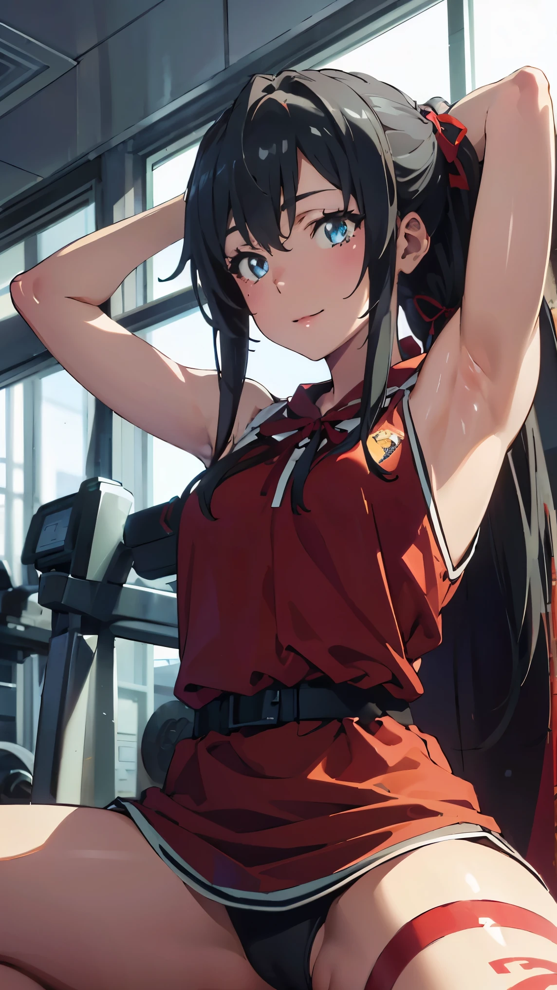 hair_ponytail ribbon,Black hair, eyes blue, long hair, smile , Yukinoshita Yukino,
BREAK (red dress with a red cape:1.2)
BREAK spread legs, ((from below)), arms behind head, BREAK background will depict a Fitness training room
BREAK (masterpiece:1.2), best quality, high resolution, unity 8k wallpaper, (illustration:0.8), (beautiful detailed eyes:1.6), extremely detailed face, perfect lighting, extremely detailed CG, (perfect hands, perfect anatomy),