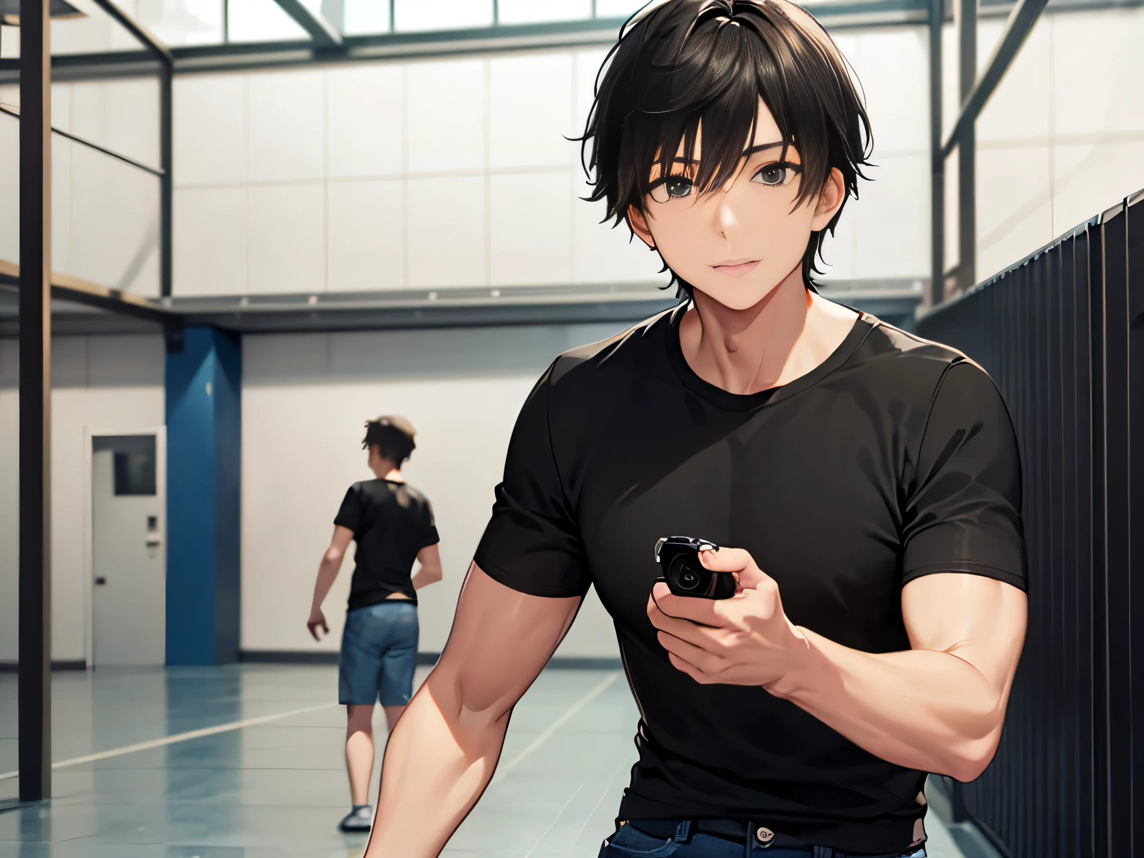 A man in a black T-shirt，Black short hair，Blue Jeans，Towards the camera direction，Escape，Training Hall，indoor
