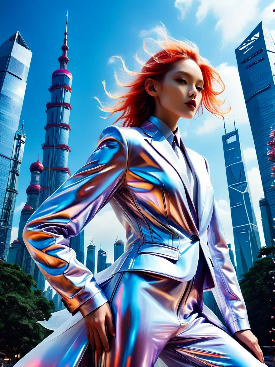 Step into a dreamscape where a high fashion model dons an avant-garde version of the Zhongshan suit by Yohji Yamamoto. This low angle view for V Magazine taken in a futuristic Shanghai skyline, demonstrates the visionary aesthetic of Pierre et Gilles
