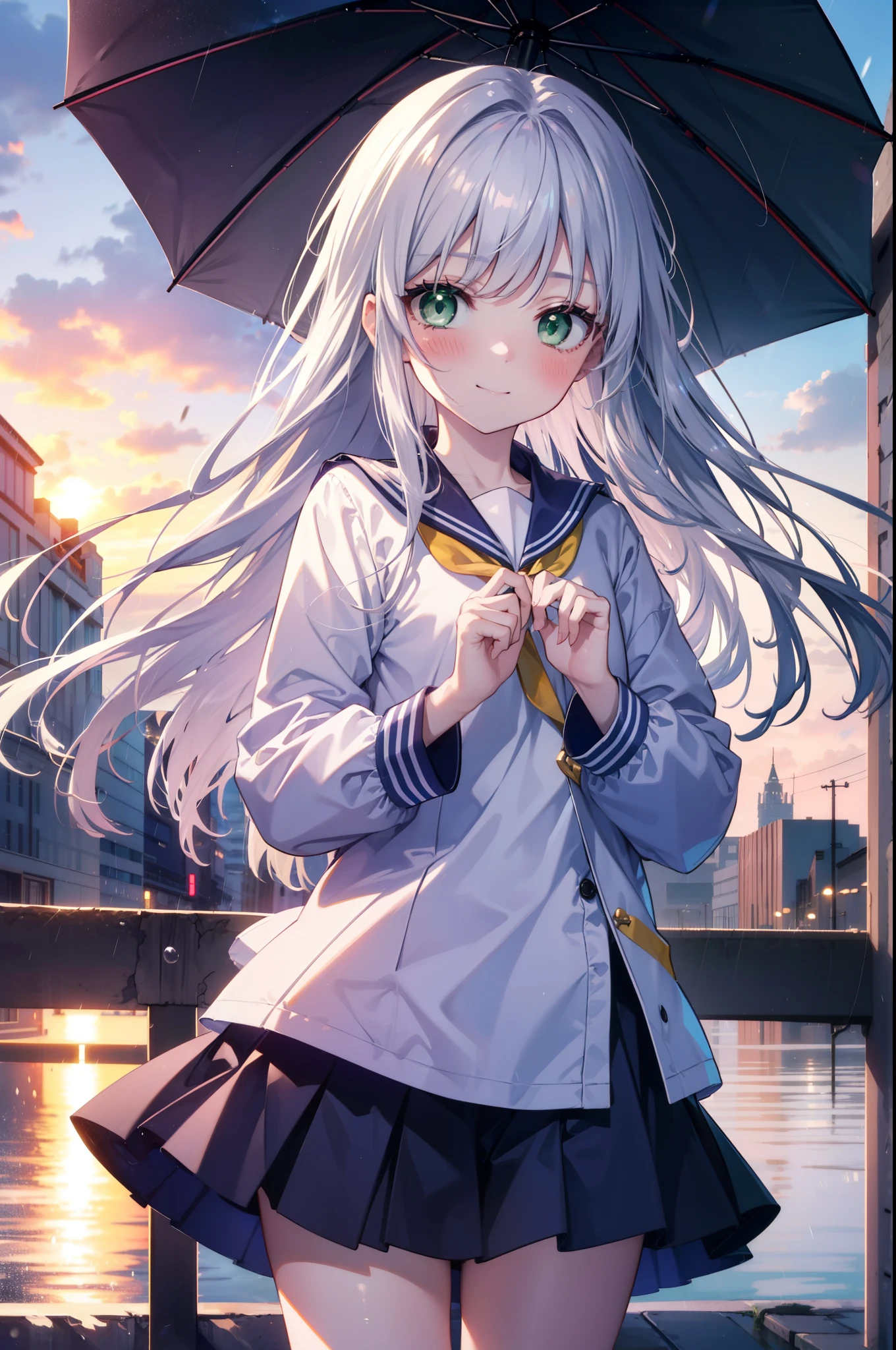 index, index, (Green Eyes:1.5), Silver Hair, Long Hair, (Flat Chest:1.2),smile,blush,Embarrassing,Upper Eyes, uniform(Purple sailor suit),Purple pleated skirt,White tights,Brown Loafers,rain,cloudy,彼女は透明なumbrellaを持ち,umbrella,umbrellaのグリップを両手で掴んで持っている,evening,cloudy空,
break looking at viewer, Upper Body, whole body,(Cowboy Shot:1. 5)
break otdoors,In town,Building district,
break (masterpiece:1.2), highest quality, High resolution, unity 8k wallpaper, (figure:0.8), (Beautiful fine details:1.6), Highly detailed face, Perfect lighting, Highly detailed CG, (Perfect hands, Perfect Anatomy),