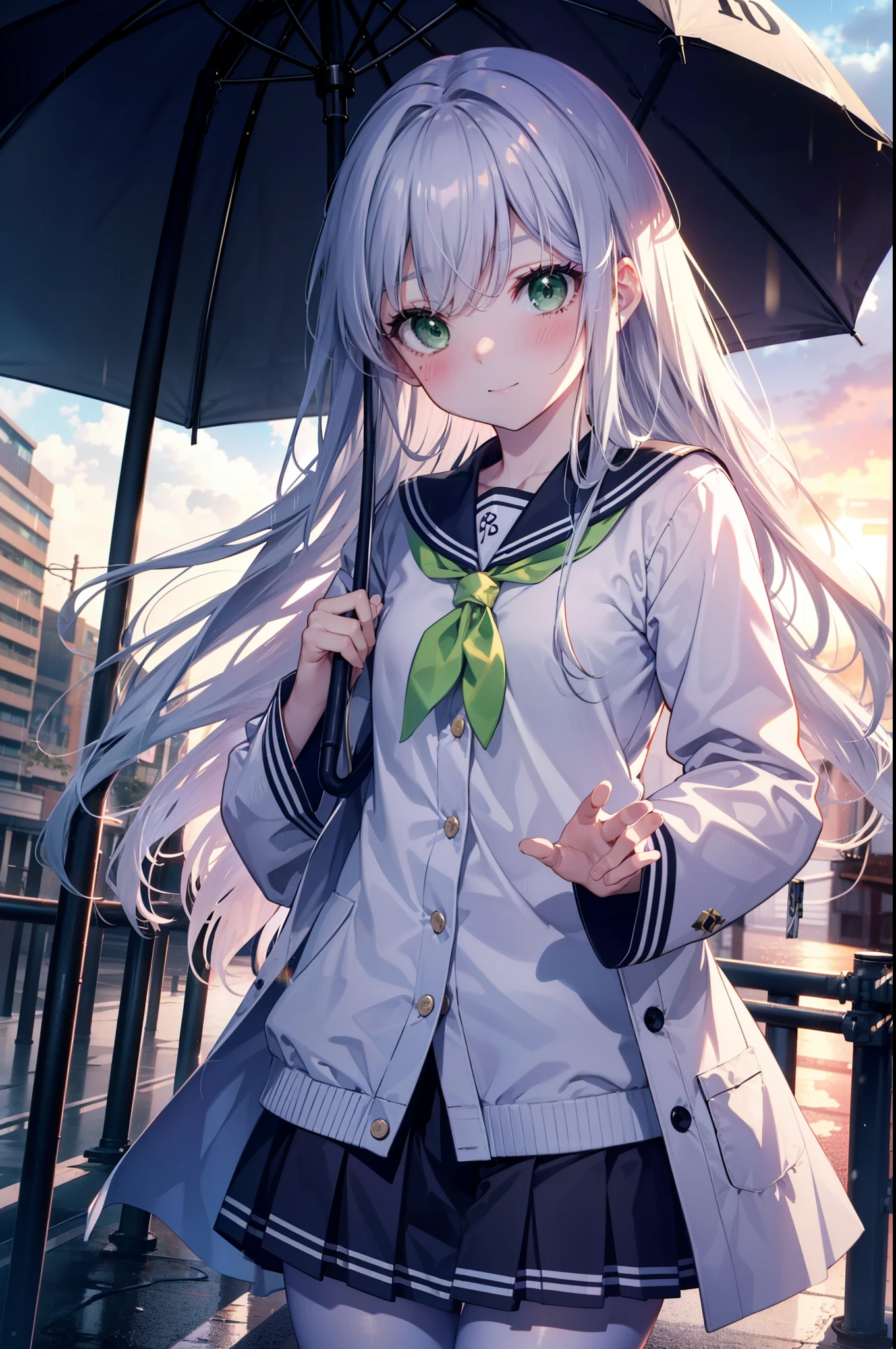 index, index, (Green Eyes:1.5), Silver Hair, Long Hair, (Flat Chest:1.2),smile,blush,Embarrassing,Upper Eyes, uniform(Purple sailor suit),Purple pleated skirt,White tights,Brown Loafers,rain,cloudy,彼女は透明なumbrellaを持ち,umbrella,umbrellaのグリップを両手で掴んで持っている,evening,cloudy空,
break looking at viewer, Upper Body, whole body,(Cowboy Shot:1. 5)
break otdoors,In town,Building district,
break (masterpiece:1.2), highest quality, High resolution, unity 8k wallpaper, (figure:0.8), (Beautiful fine details:1.6), Highly detailed face, Perfect lighting, Highly detailed CG, (Perfect hands, Perfect Anatomy),