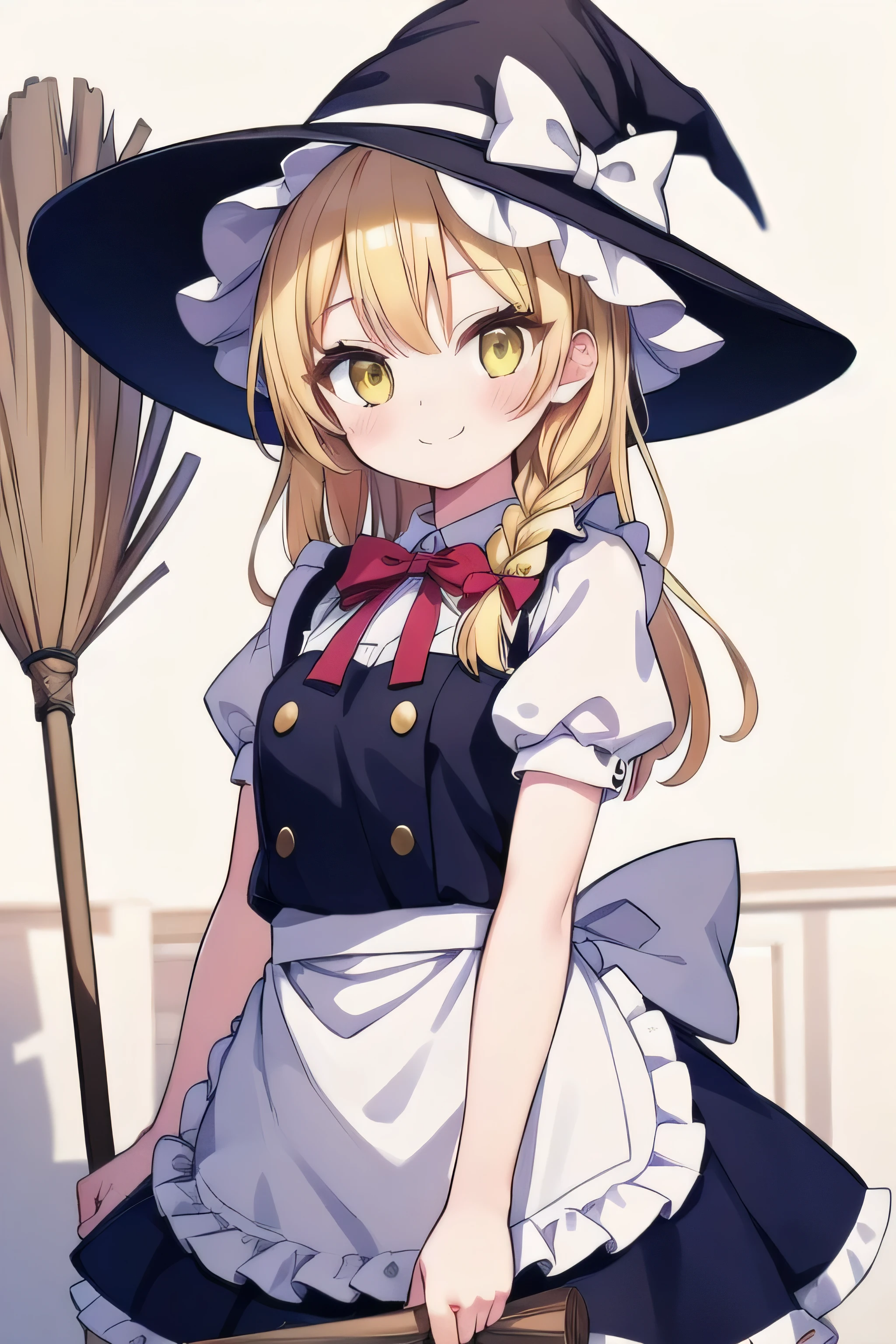 masterpiece, top quality, super detailed, CG illustration, high resolution, better lighting, best shadows, very delicate and beautiful, proper shading, hd, 8k,kirisame marisa, 1girl, solo, long hair, looking at viewer, smile, blonde hair, hat, bow, ribbon, yellow eyes, braid, short sleeves, hair bow, puffy sleeves, apron, vest, puffy short sleeves, single braid, witch hat, hat bow, waist apron, broom, purple bow, broom riding