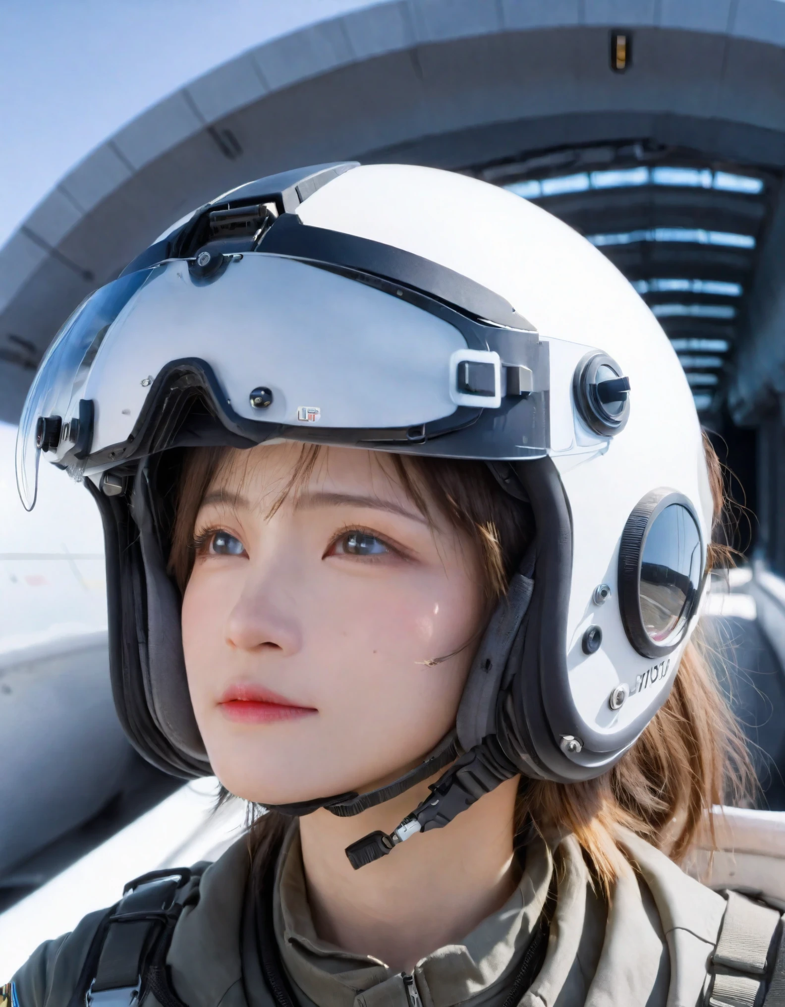 In a futuristic setting, a female jet fighter pilot is captured in a cinematic style, with a 35mm lens and an F2.8 aperture, providing a shallow depth of field and dramatic lighting. She dons a state-of-the-art pilot helmet, featuring an LED interactive screen and a HUD on the visor displaying a target system. The helmet is integrated with a communication system and an oxygen tube for safety at high altitudes. The scene is hyperrealistic, with volumetric effects enhancing the ultra-detailed environment, fitting for an IMAX experience with resolutions beyond 8K. The composition is magnificent, showcasing the highest quality and a masterpiece of visual storytelling.