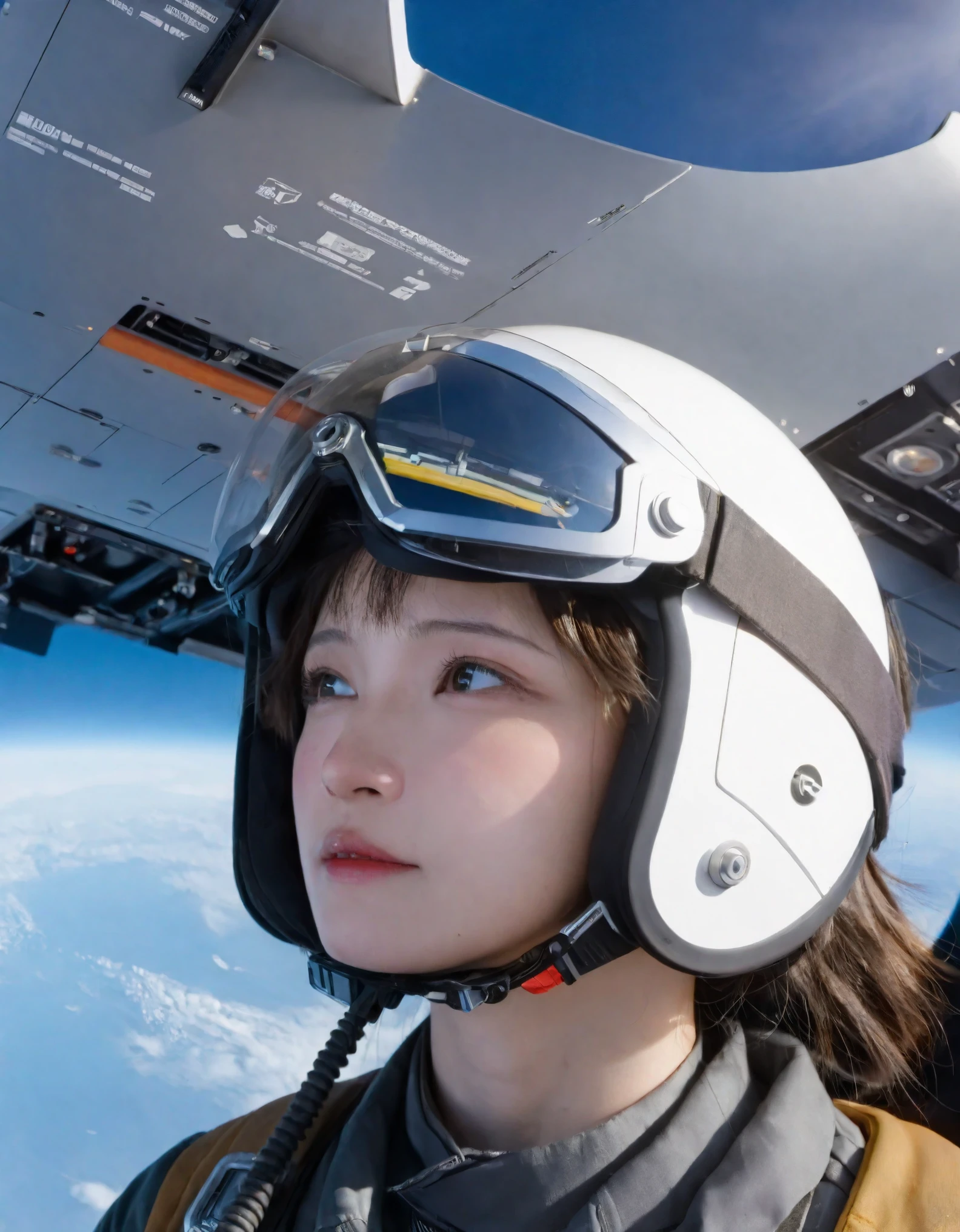 In a futuristic setting, a female jet fighter pilot is captured in a cinematic style, with a 35mm lens and an F2.8 aperture, providing a shallow depth of field and dramatic lighting. She dons a state-of-the-art pilot helmet, featuring an LED interactive screen and a HUD on the visor displaying a target system. The helmet is integrated with a communication system and an oxygen tube for safety at high altitudes. The scene is hyperrealistic, with volumetric effects enhancing the ultra-detailed environment, fitting for an IMAX experience with resolutions beyond 8K. The composition is magnificent, showcasing the highest quality and a masterpiece of visual storytelling.