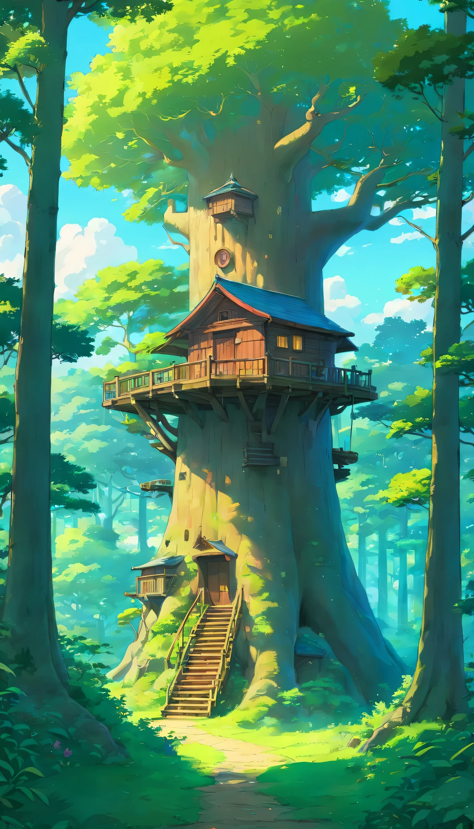 Tree house in the forest from distant view, forest scenery, nature, animes, evening sky