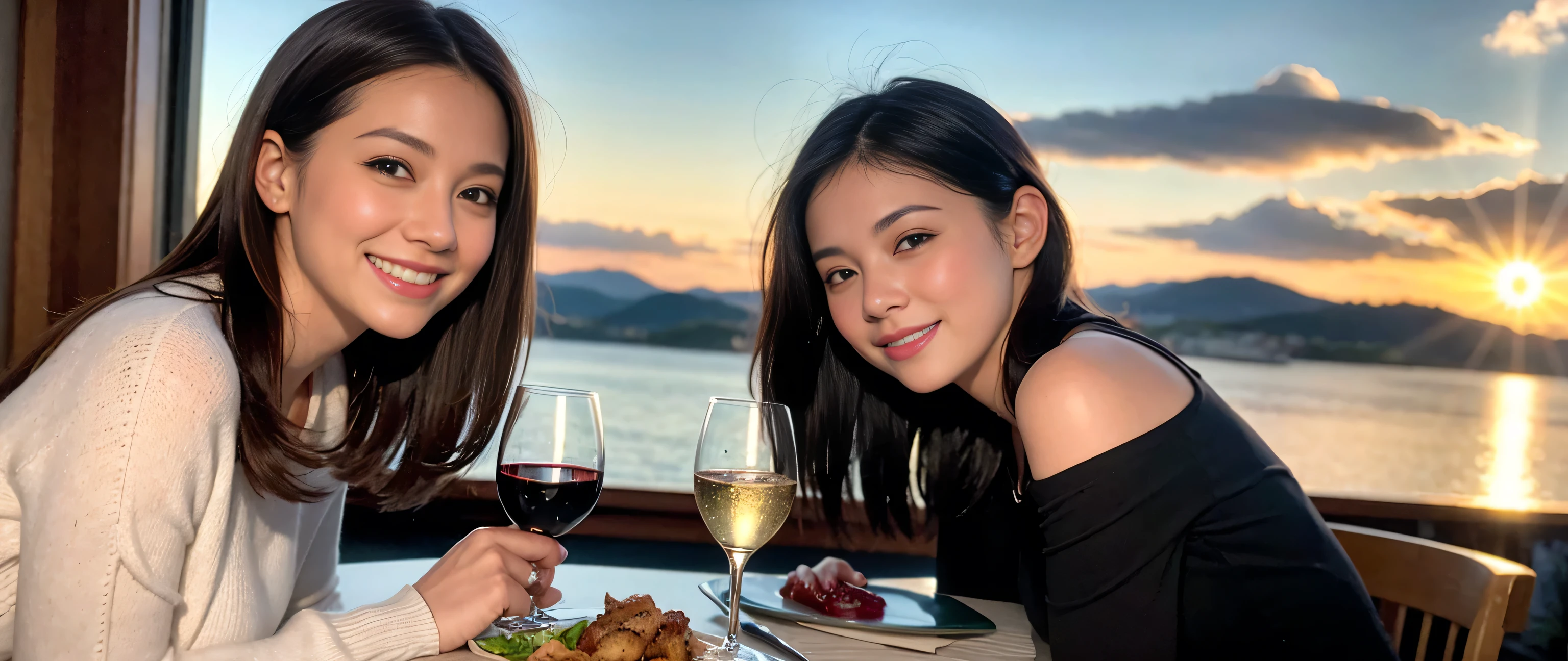 ((highest quality、8k、masterpiece:1.3))、Beautiful woman perfect body:1.4、Happy、Three women who love wine、One Man、Bright smile、Slim body、((Bob Hale、Straight hair:1.2))、 Ultra-high resolution, Bright image、 Beautiful Face, blue eyes, Beautiful Eyes, The light shines on your face, Blushing your nose, short hair,Amazing view of the sunset sky and clouds、Amazing mountain views、ニコニコBright smile、A lovely woman with a smile、Bright Face、Fox face、Lady、Champagne、Wine bottle、wine glass、red wine 、Appetizers、Italian food、Two beauties、Brown Hair、Shortcuts、Long sleeve shirt、Winter Fashion、dress、Wine bottle、sparkling wine、Pretty Woman 1, (Slim face), (Brown Hair), (Shortcuts), cheeks turn a little red, (42 years old), 39 years old, Attractive beauty、restaurant, Nova Frog Style, actress, model, Upper Body, White wine, slim, wine glass, A wine glass placed in the middle, smile, (smile: 1.15), Beautiful Eyes, Strong light and shadow,Moist Body:1.5、Delicate eyes、Brown Hair、The hair is very shiny、