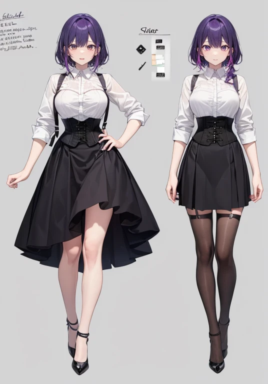 Purple hair,Shortcuts,Adult female,Bartender,((Body harness)),((Rolling up your sleeves shirt)),(Corset),(Tight skirt),(high heels),((Simple background)),Smile,((Full body)),((whole body)),Character Sheet,