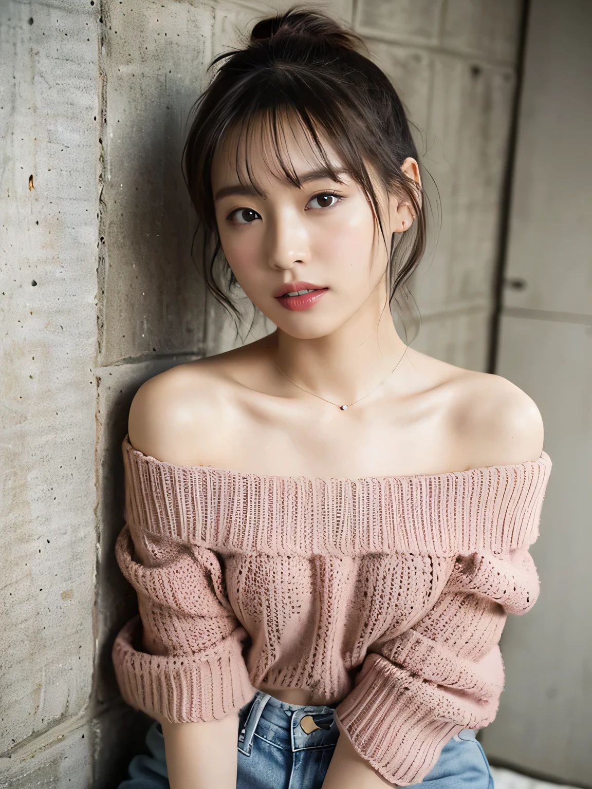 Age 25, 1 person, ((Beautiful female announcer, Cute mouth:1.2)),
((A thin, loosely knit sweater that fits snugly against the body, Off the shoulder, Super short red denim shorts, I can see your beautiful thighs:1.5)),
((Gorgeous Earrings, Long Necklace:1.2)),
((pale pink wall, Near a tall window, The sunlight shines in, Bright room)),
((Sit with your back against the wall in the room and your chest out, Holding feet with hands, Open your legs a little:1.5)),
(From the feet to the whole body, Pay attention to the beautiful thighs:1.5),
((Sexy atmosphere, Kissing Mouth, hold out your lips, Cute and shy, Gazing intently at the audience)),
((Ecstatic facial expression during sex, A sigh escapes)),
((Squinting)),
((pursing lips:1.2)),
((Blushing:1.2)),
Realistic skin texture, Fair skin, Shiny skin, Beautiful skin on legs, Beautiful feet,
Highly detailed face, Slim face contour, Beautiful small face, Beautiful Nose,
Ultra-detailed eyes, Slit eyes, Brown eyes, double eyelid, Ultra-thin eyebrows, Thin, long eyelashes,
Ultra-detailed lips, Plump and moisturized lips, Glossy pink lips, Flushed Cheeks,
Beautiful actress's languid make-up, Pink lipstick, Smoky eyeshadow, Eye foundation,
Dark Brown Hair, Delicate soft hair, Hair blowing in the wind,
(Elegantly putting your hair up, Medium Short Hair, ponytail:1.2),
Layered Cut, (Blunt bangs:1.2),
((Mouth slightly open to reveal white teeth, Stick out your tongue a little)), Body facing forward,