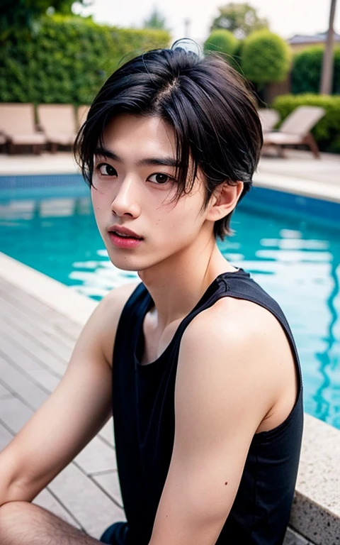 afterglow, straddling, wearing sleeveless shirt, poolside, Asian handsome men, sexual climax, open mouth, one person, 20-year-old man, Japan handsome man, Soft lighting, Short Hair, masterpiece, highest quality, 8k, Digital single-lens reflex camera, Film Grain, full Body, Short undercut hairstyles for black hair, Look away from the camera, slim body, slender, Baby Face, Rough skin,