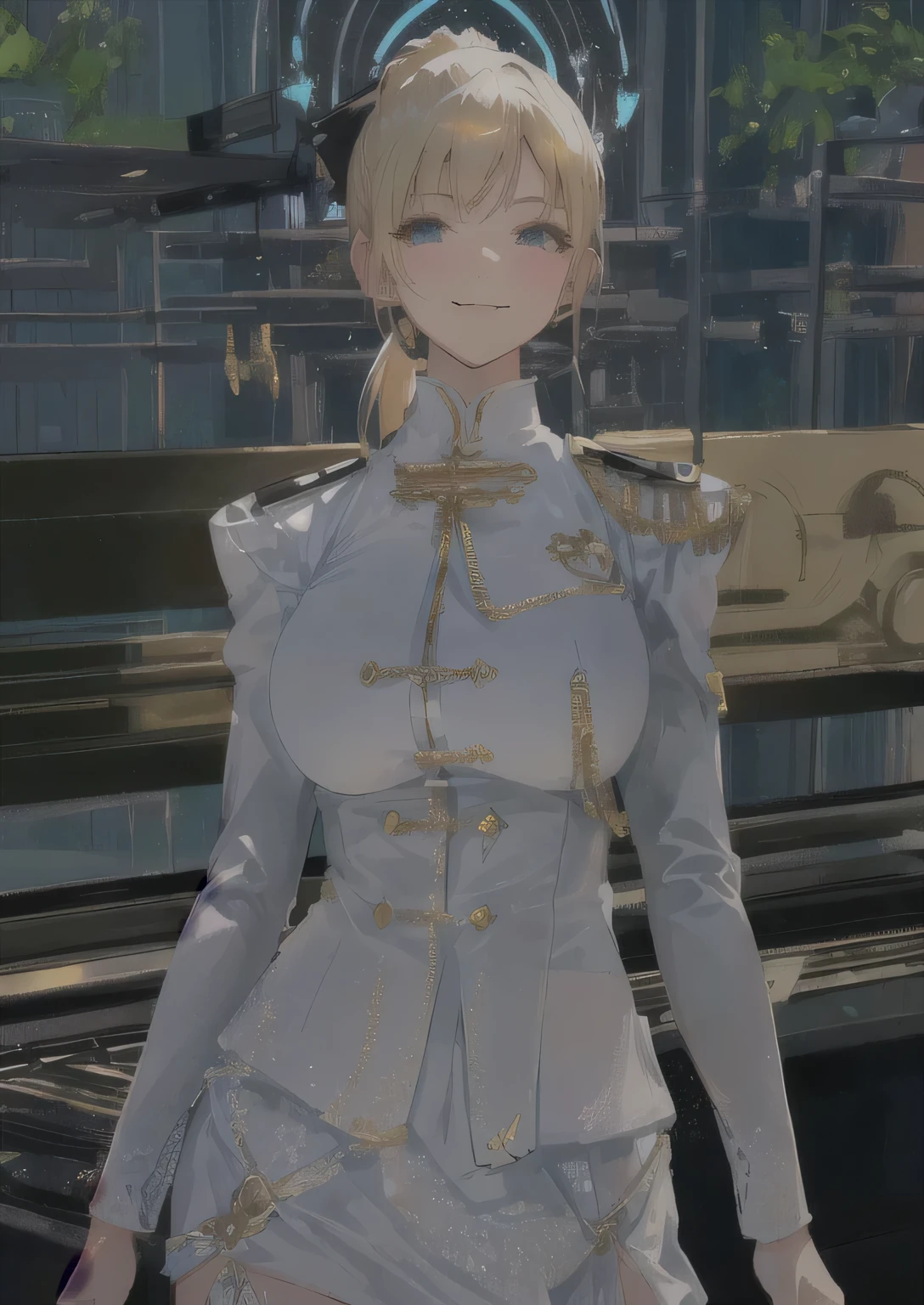 blonde ponytail, smiley face, big bust, white uniform, gold decoration, Lost Ark Style, Source