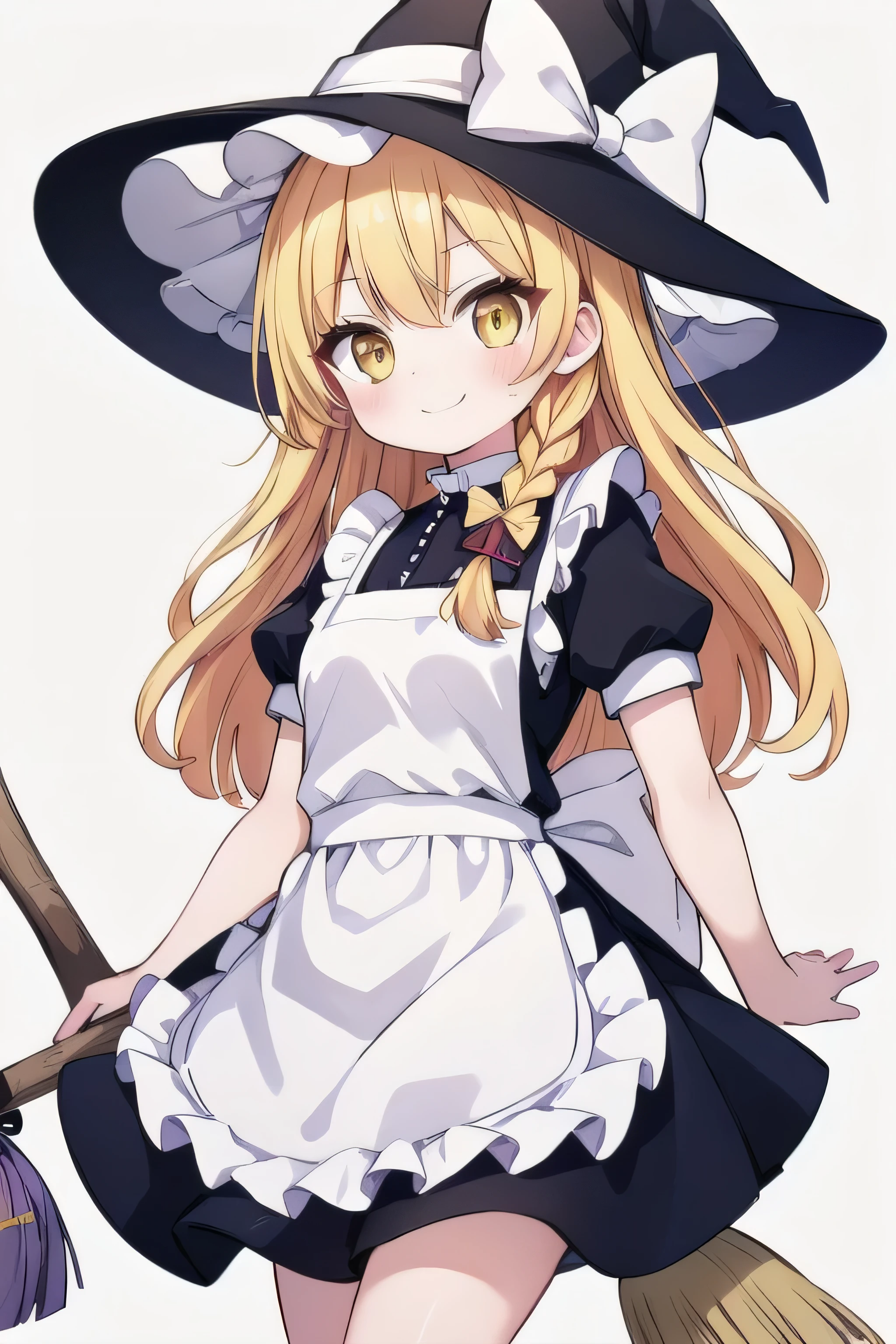 masterpiece, top quality, super detailed, CG illustration, high resolution, better lighting, best shadows, very delicate and beautiful, proper shading, hd, 8k,kirisame marisa, 1girl, solo, long hair, looking at viewer, smile, blonde hair, hat, bow, ribbon, yellow eyes, braid, short sleeves, hair bow, puffy sleeves, apron, vest, puffy short sleeves, single braid, witch hat, hat bow, waist apron, broom, purple bow, broom riding