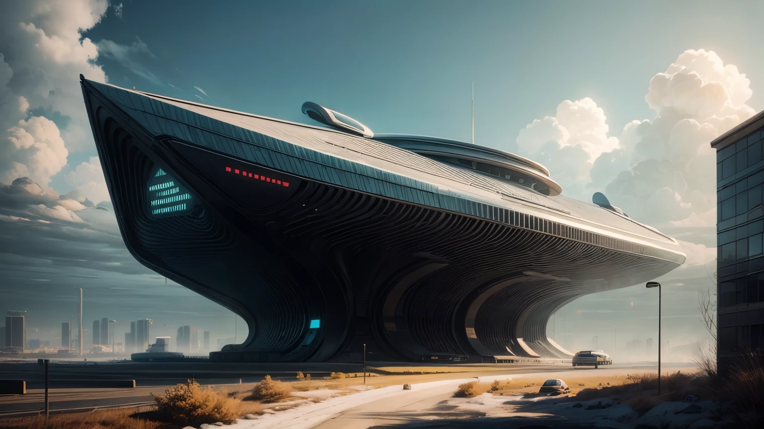 futuristic building by Simon Stålenhag, masterpiece, extremely detailed, ultra high res.photorealistic:.1.4, uhd hotorealism, Photography